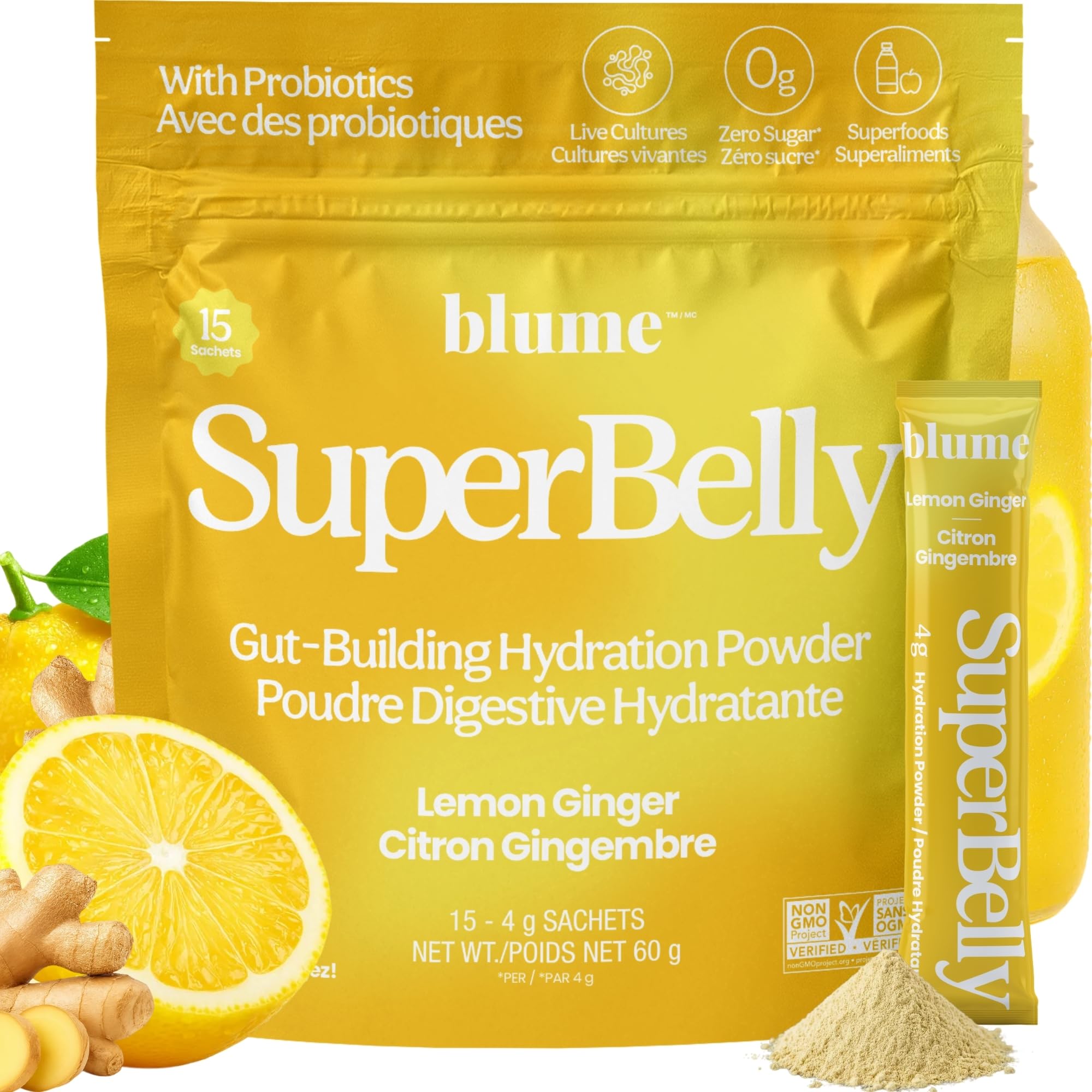 Blume SuperBelly Packets, Sugar-Free, Apple Cider Vinegar - Lemon Ginger, 15 Sticks - Canadian Brand 🍁 All In One Marketplace Canada
