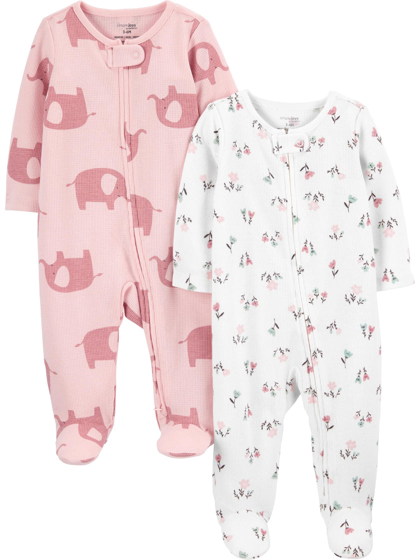 Simple Joys by Carter's Girls' Baby 2-Pack 2-Way Zip Thermal Footed Sleep and Play, Ivory, Floral/Elephants, 3-6 Months 🍁 All In One Marketplace Canada