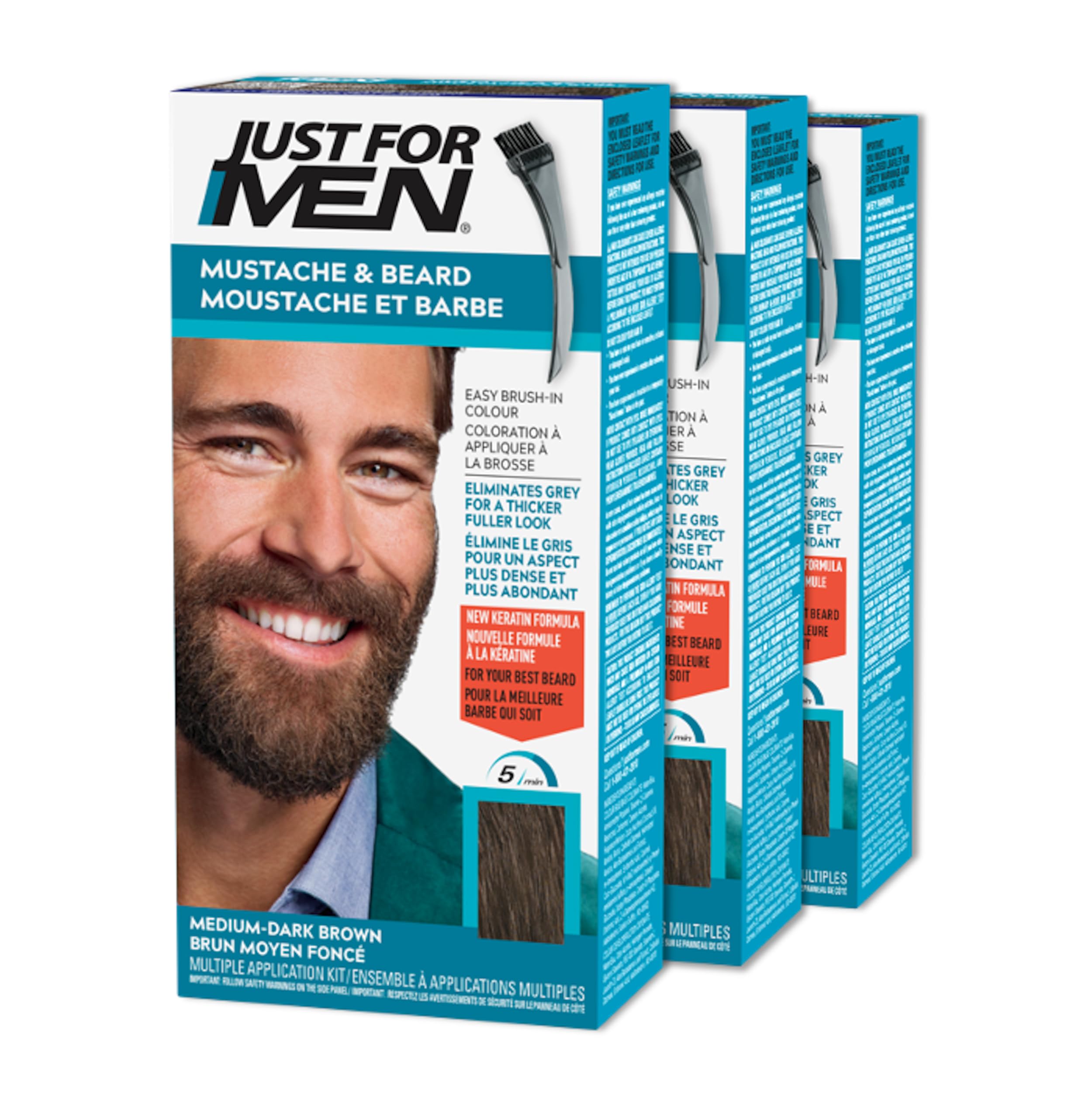 Just For Men Mustache & Beard, Beard Dye for Men with Brush Included for Easy Application, With Biotin Aloe and Coconut Oil for Healthy Facial Hair, Medium-Dark Brown, M-40 (3 Count) 🍁 All In One Marketplace Canada