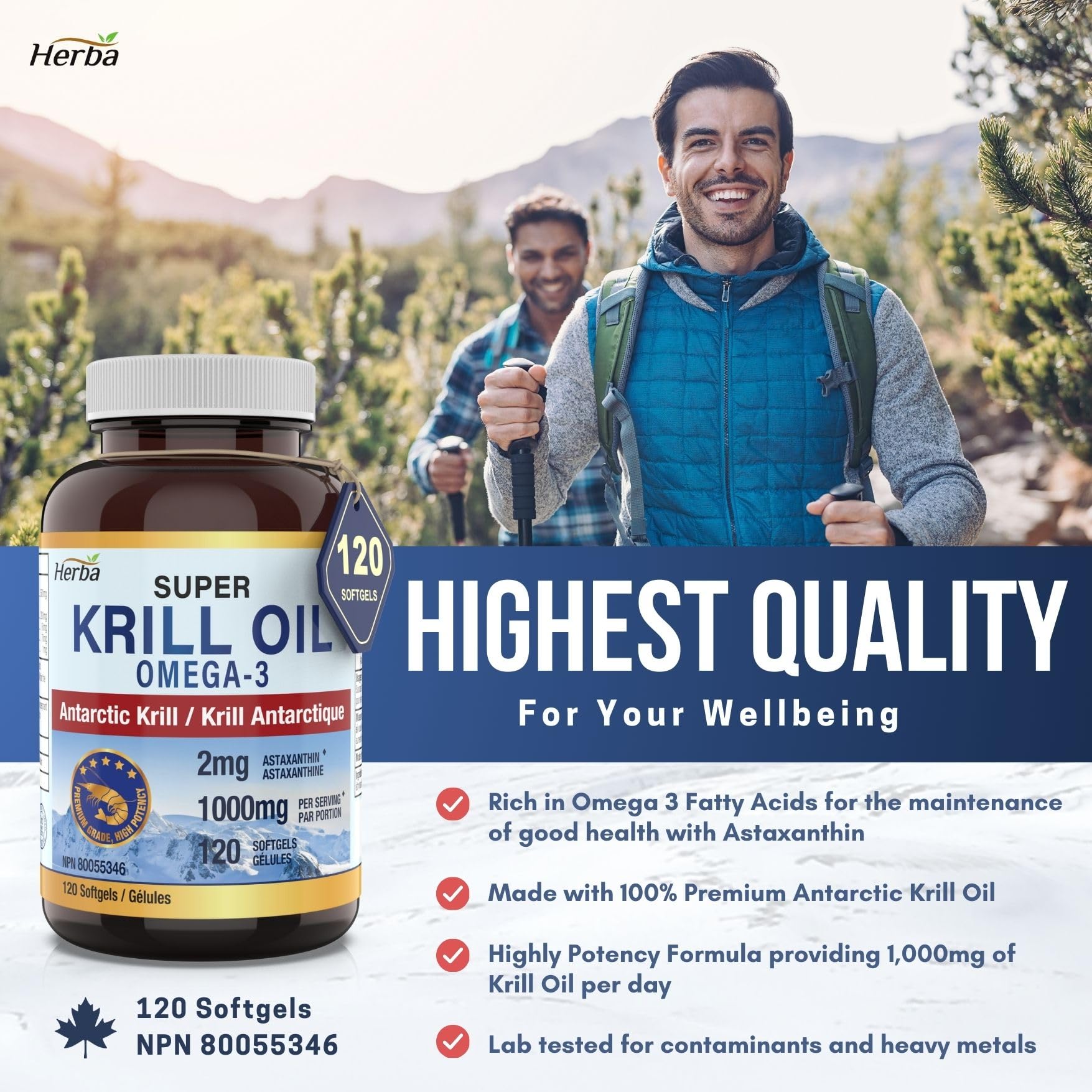 Herba Krill Oil Omega 3 Supplements - 120 Softgels | 1000mg of Antarctic Krill Oil Per Day (2 softgels 500mg each) | Source of Omega 3 Fatty Acids | High Astaxanthin | Premium Grade - 500mg per Soft Gel | Made in Canada 🍁 All In One Marketplace Canada
