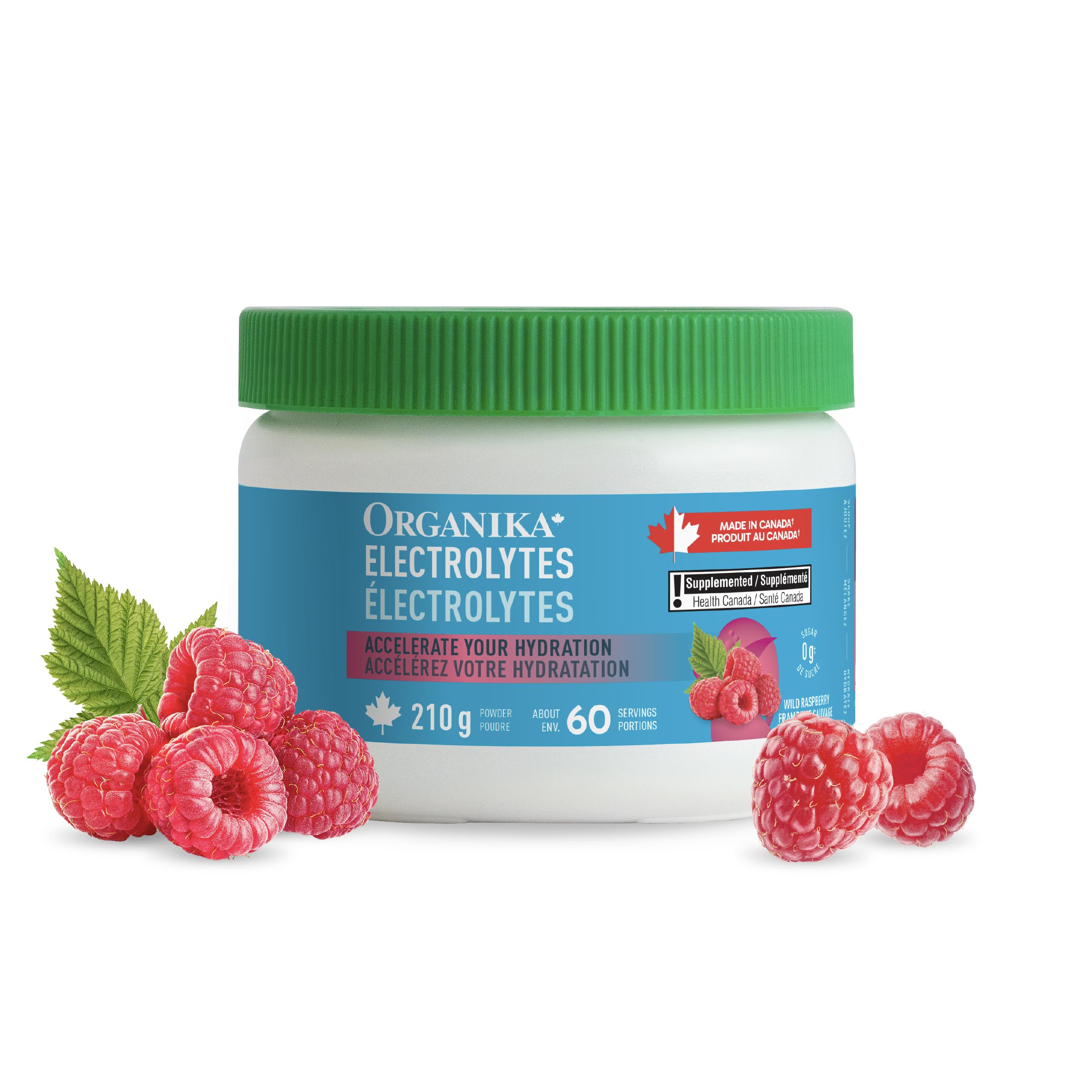 Organika Canadian-Made Electrolytes Powder with Vitamin C & Prebiotic Fibre - Sugar-Free Hydration Drink Mix - Wild Raspberry - 210 g - 60 servings 🍁 All In One Marketplace Canada