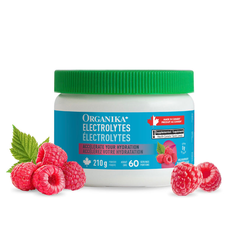 Organika Canadian-Made Electrolytes Powder with Vitamin C & Prebiotic Fibre - Sugar-Free Hydration Drink Mix - Wild Raspberry - 210 g - 60 servings 🍁 All In One Marketplace Canada
