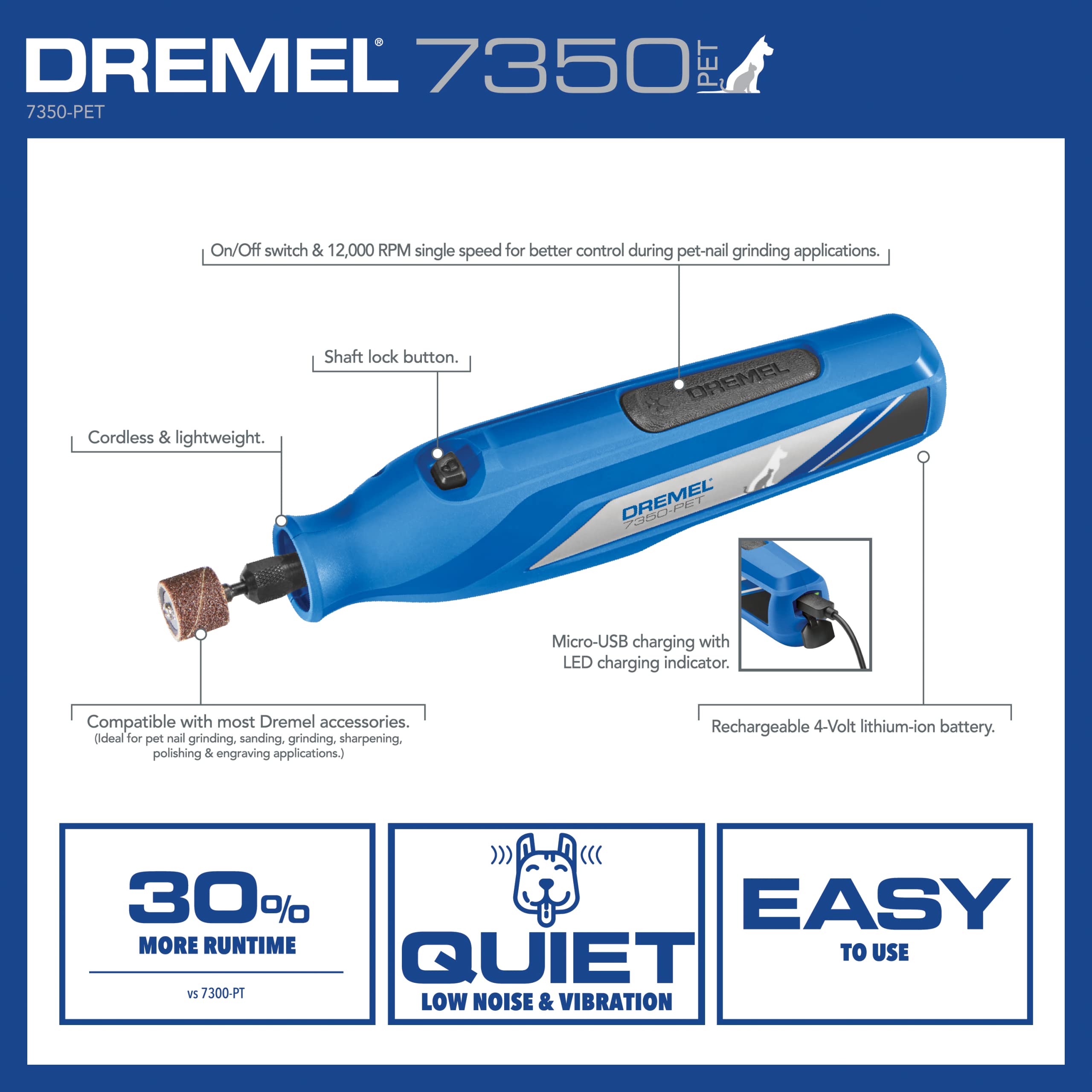 Dremel 7350-PET 4V Pet & Dog Nail Grinder, Easy-to-Use & Safe Nail Trimmer, Professional Pet Grooming Kit - Works on Large, Medium, Small Dogs & Cats 🍁 All In One Marketplace Canada