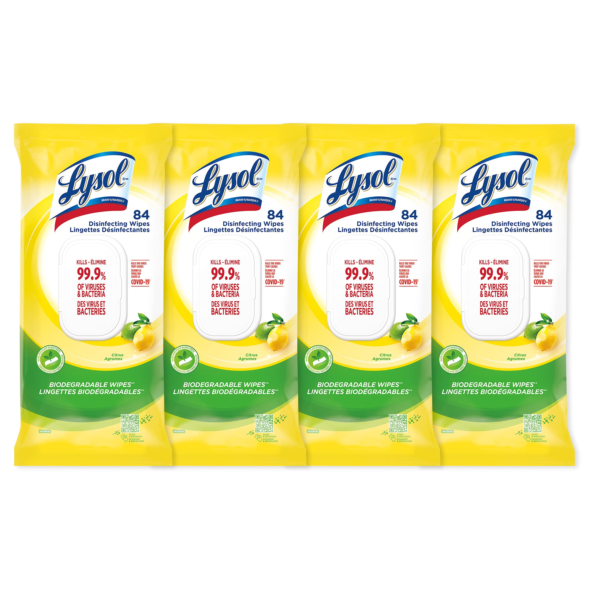 Lysol Disinfecting Wipes Flatpack, Citrus, Biodegradable Wipes, Kills 99.9% of Viruses & Bacteria, Bulk Pack of 4, 336 count (4 x 84 count) 🍁 All In One Marketplace Canada