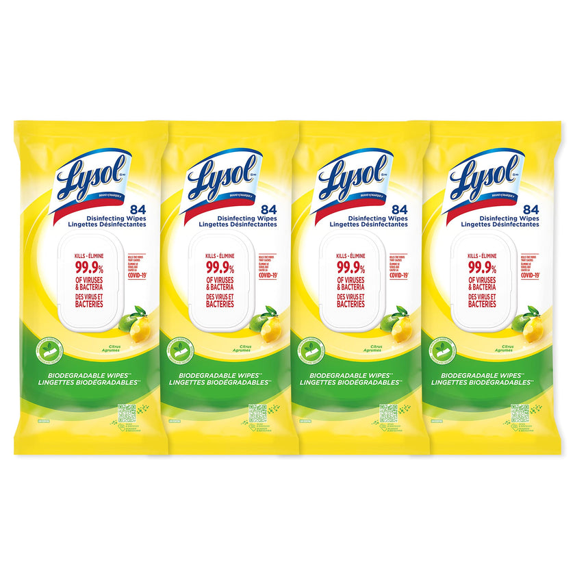 Lysol Disinfecting Wipes Flatpack, Citrus, Biodegradable Wipes, Kills 99.9% of Viruses & Bacteria, Bulk Pack of 4, 336 count (4 x 84 count) 🍁 All In One Marketplace Canada