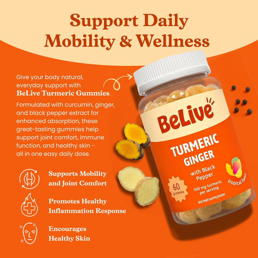 BeLive Turmeric Curcumin with Black Pepper & Ginger - 60 Gummies I Turmeric and Ginger Supplement for Immune Support, Healthy Skin, and Mobility - Tropical Flavor 🍁 All In One Marketplace Canada