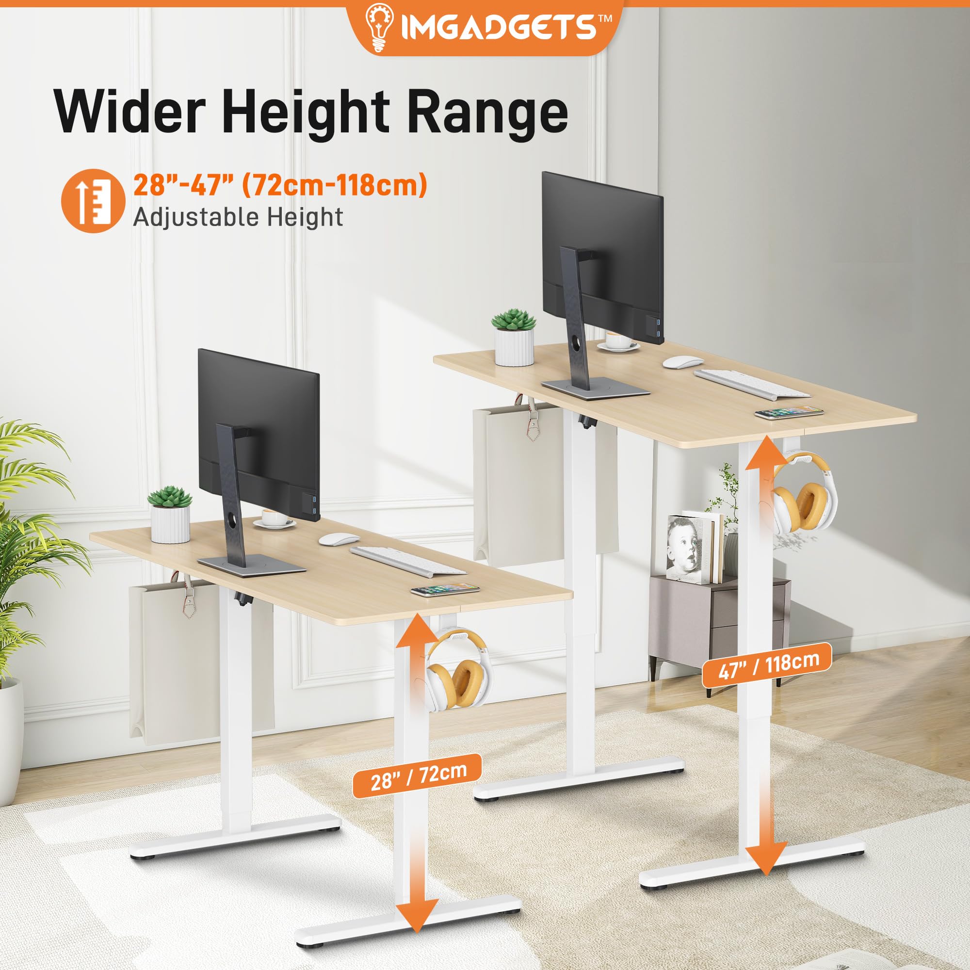 IMGadgets Electric Standing Desk, 47x24 Inches Height Adjustable, 2026 6th Gen Quiet Motor Ergonomic Sit Stand Desk, Computer Desk for Home Office, Height Memory Buttons, Display, 2 Headphone Holders 🍁 All In One Marketplace Canada