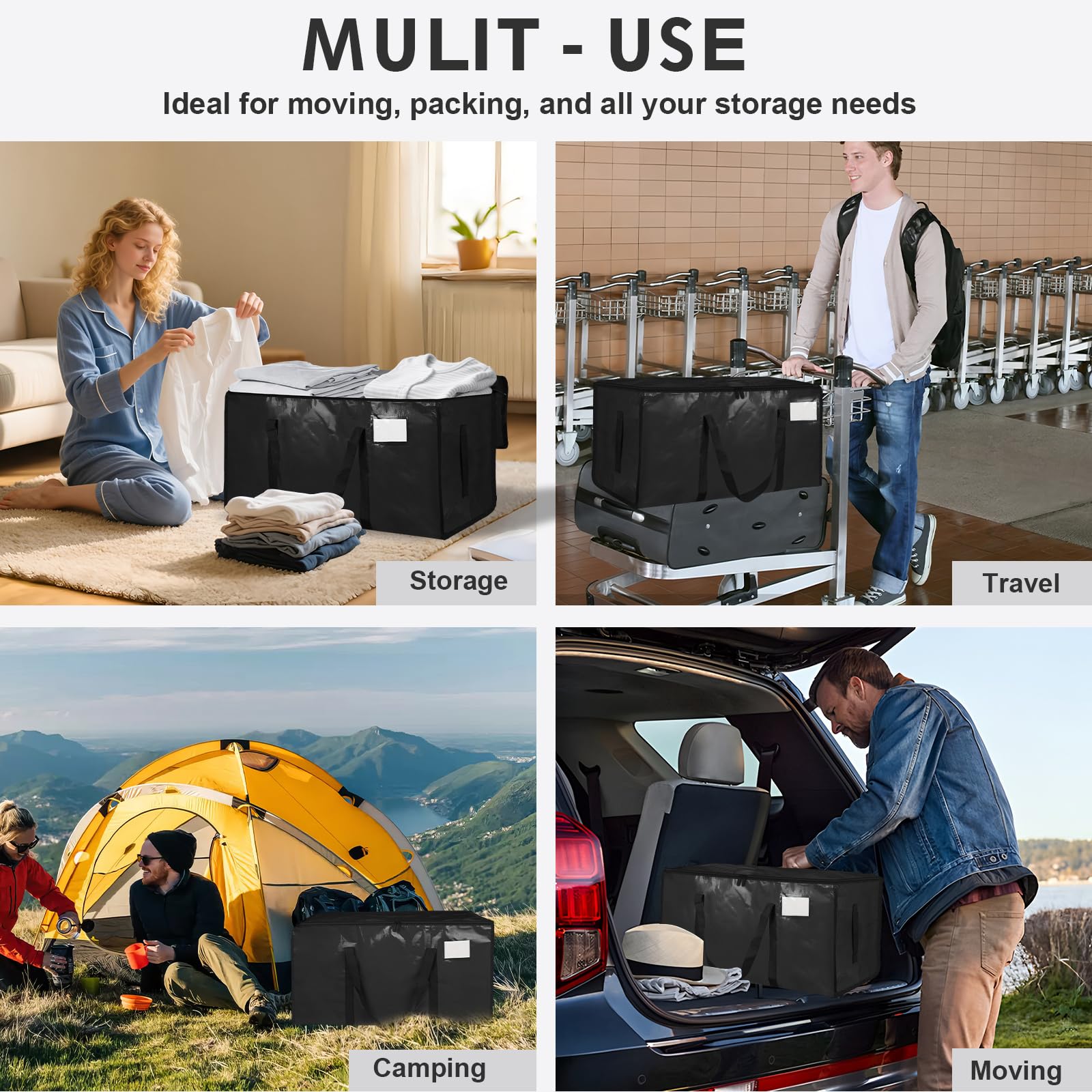 6 Pack-Extra Large Heavy Duty Moving Bags - Waterproof Storage Totes with Handles & Zippers, Foldable for College Dorm, Storage (Black) 🍁 All In One Marketplace Canada