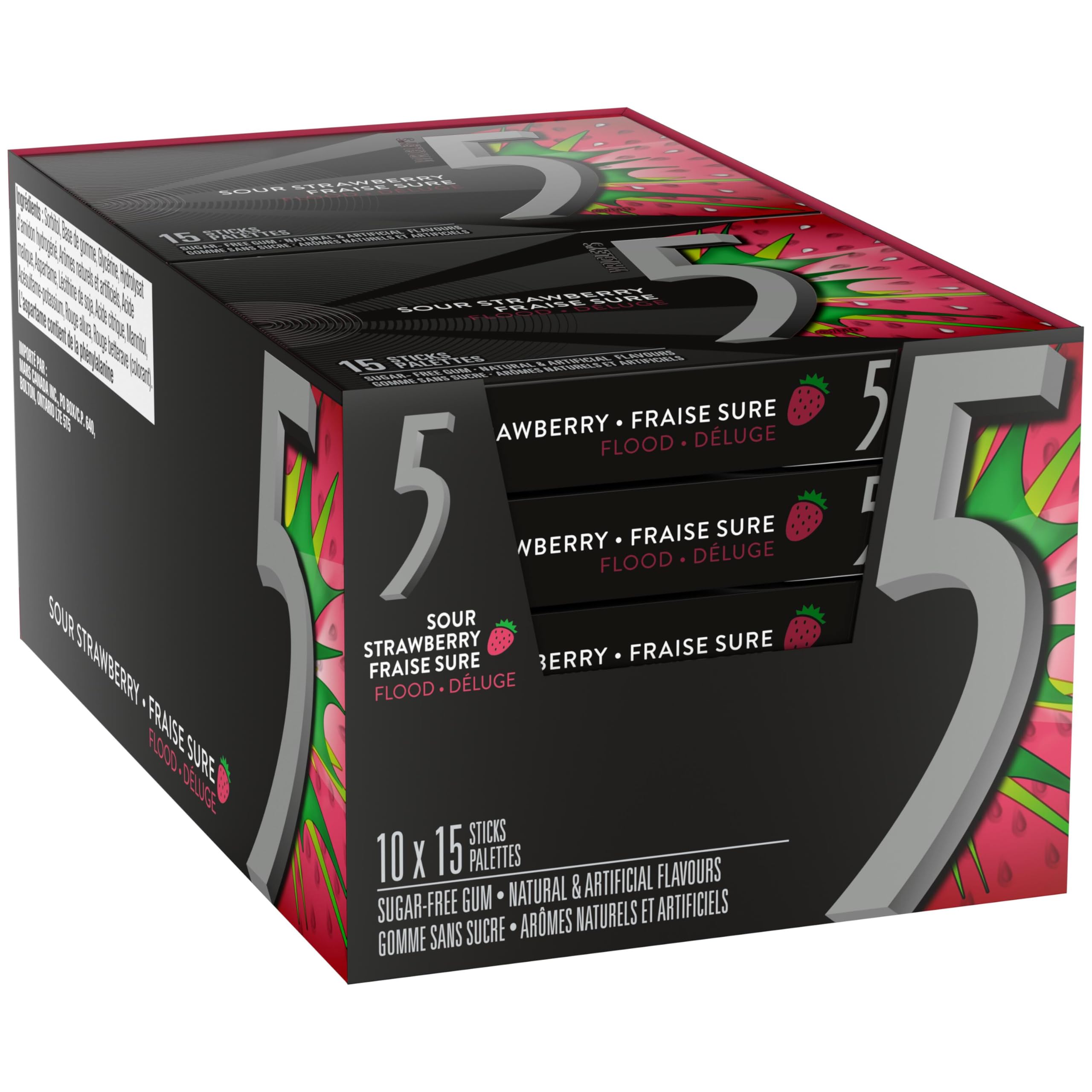 5 Gum Strawberry-Flood Flavoured Sugar Free Chewing Gum, 15 Sticks, 10 Packs 🍁 All In One Marketplace Canada
