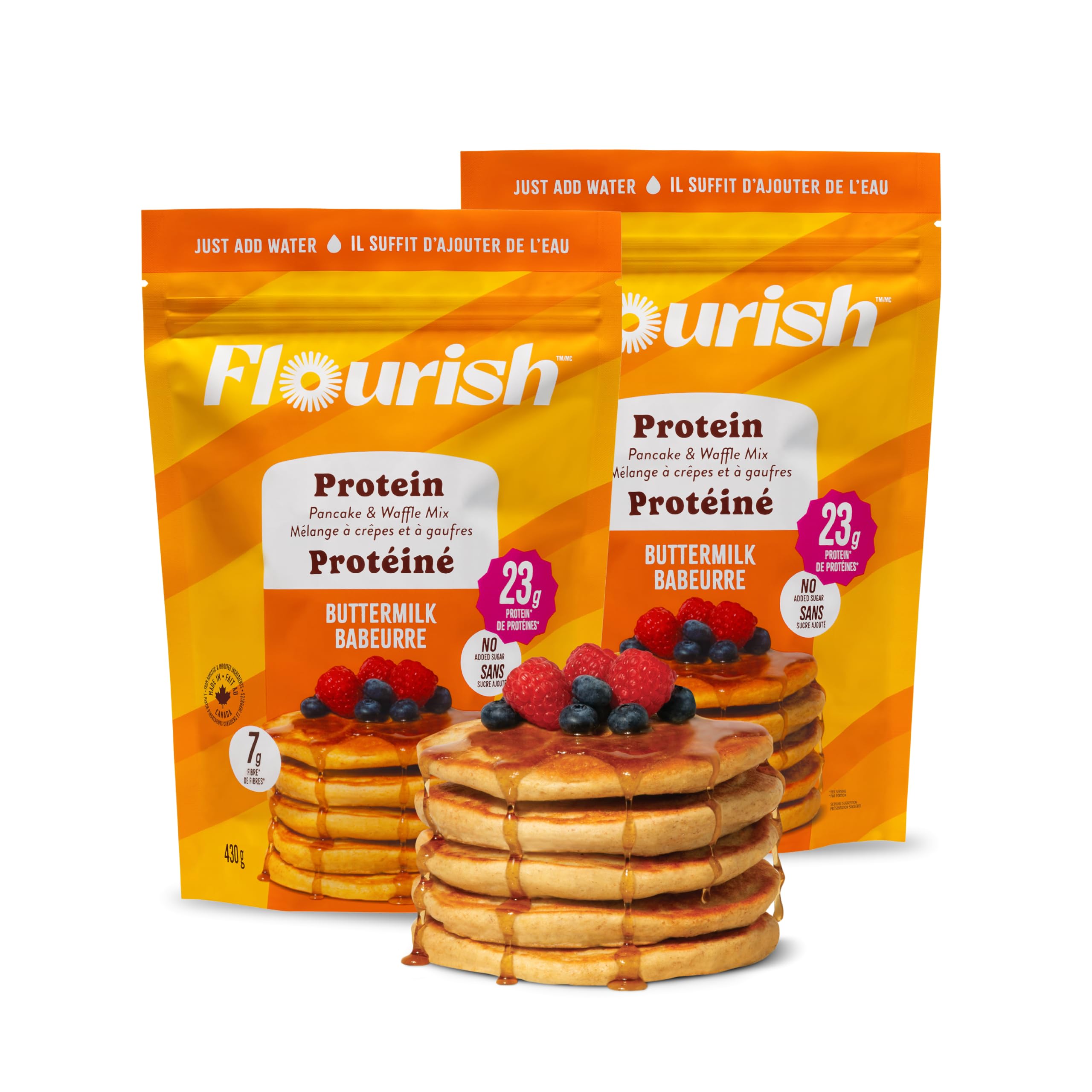 Flourish Protein Pancake & Waffle Mix with Whey Protein, No Added Sugar, High in Fiber - Just Add Water - Buttermilk Flavour, 430 g Each (2 Pack) - Made in Canada 🍁 All In One Marketplace Canada