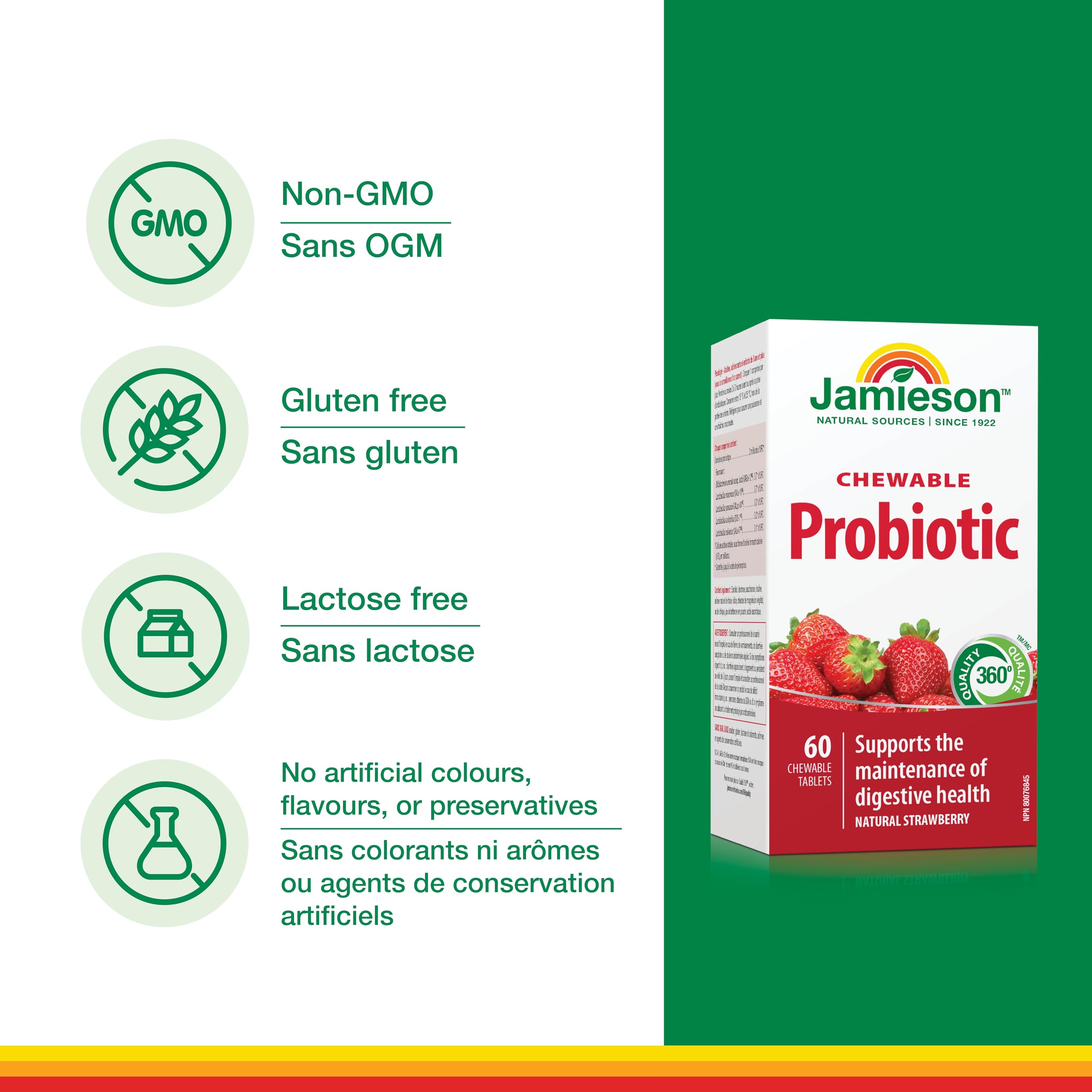 Jamieson Chewable Probiotic 2 Billion Active Cells Natural Strawberry Flavour, Family Friendly (3+), Supports Digestive Health. 5 Unique Strains, Including Lactobacillus and Bifidobacterium, Non-GMO, No Artificial Colours, Flavours, or Preservatives, 60 C