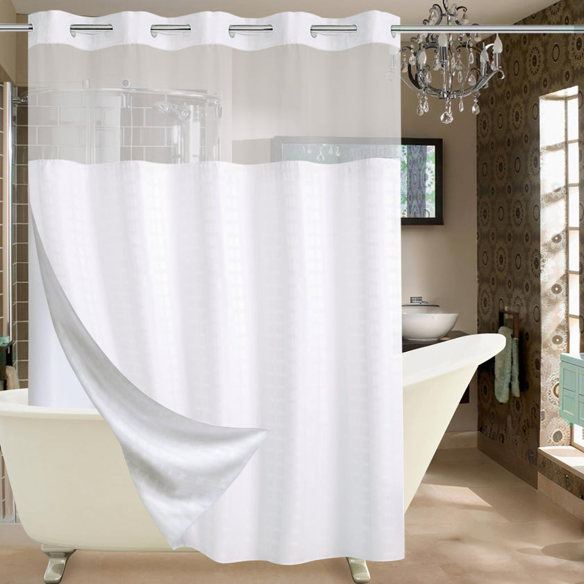 Conbo Mio Hotel Style Fabric Shower Curtain with Snap in Liner for Bathroom Machine Washable Waterproof Repellent Shower Curtain (Check-White, 71