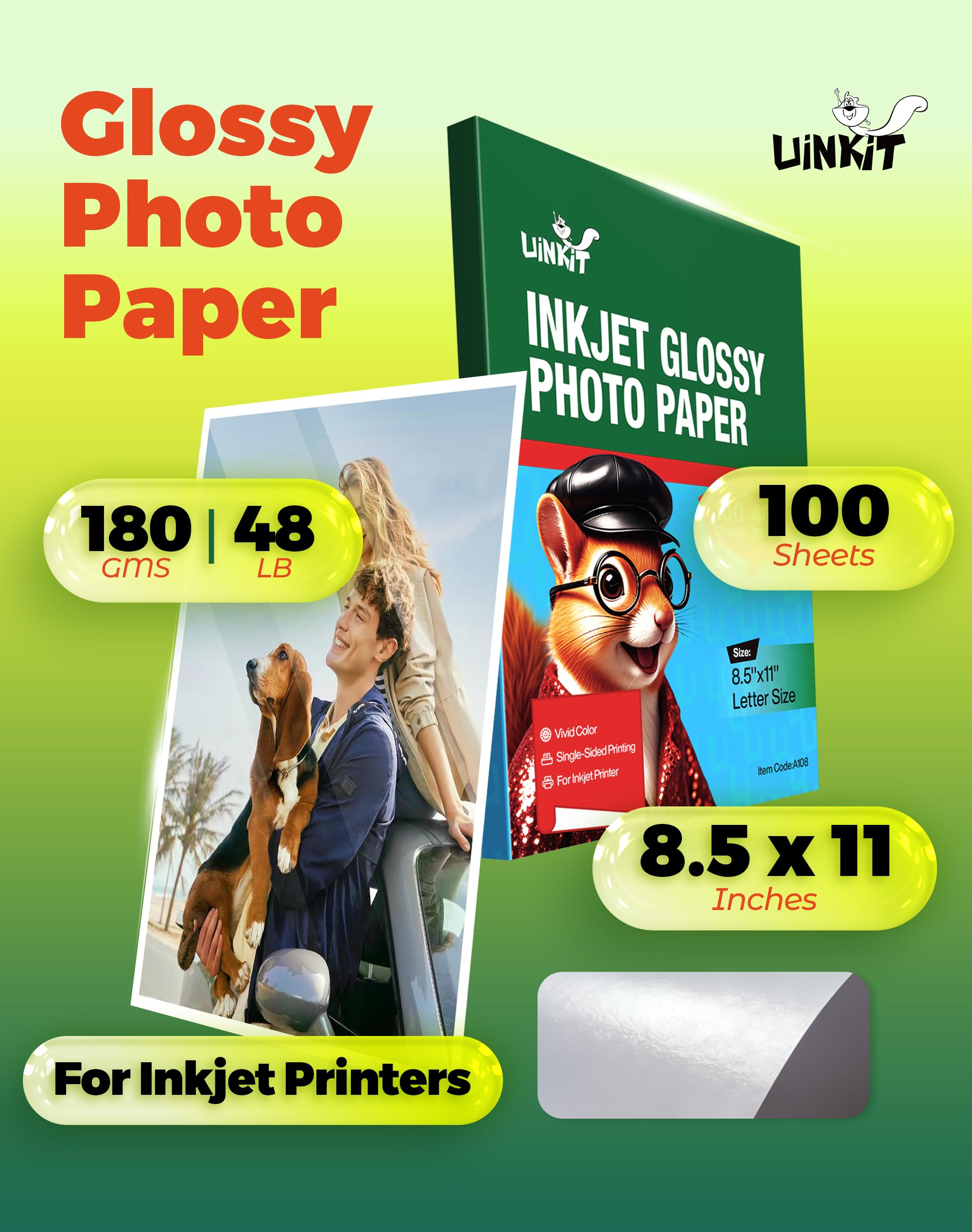 Uinkit Glossy Inkjet Photo Paper 8.5x11 Inches 100 Sheets 48lb Dye Ink 180Gsm Professional Photographic Paper Letter Size 8.5mil Instant Dry Suitable for All Dye Ink Printers (100, 8.5x11Inches) 🍁 All In One Marketplace Canada
