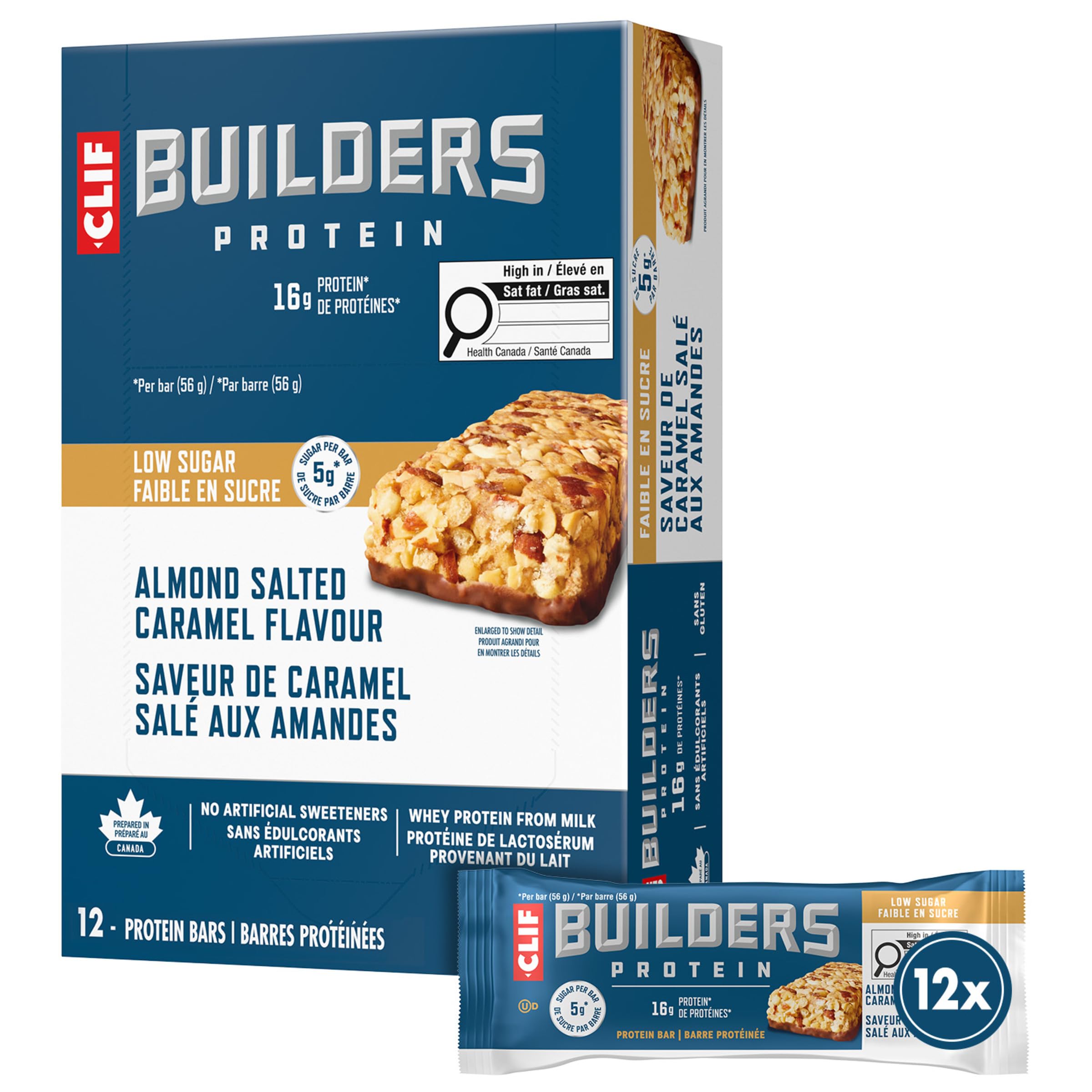 Clif Builders Low Sugar Protein Bars, Almond Salted Caramel Flavour 12 Bars 🍁 All In One Marketplace Canada