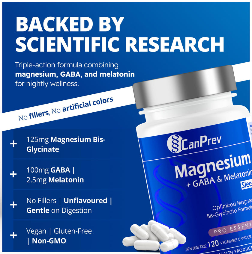 CanPrev Magnesium Bisglycinate Chelated + GABA & Melatonin, 120 Veg Caps, 120-Day Supply, Supports Restful Night, Muscle Function, Promote Relaxation & Balanced Sleep-Wake Cycle, Vegan, No GMO, Gluten 🍁 All In One Marketplace Canada