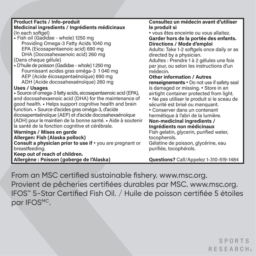 Sports Research Triple Strength Omega 3 Fish Oil - Burpless Fish Oil Supplement w/EPA & DHA Fatty Acids from Wild Alaskan Pollock - Heart, Brain & Immune Support for Men & Women - 1250 mg, 90 ct 🍁 All In One Marketplace Canada