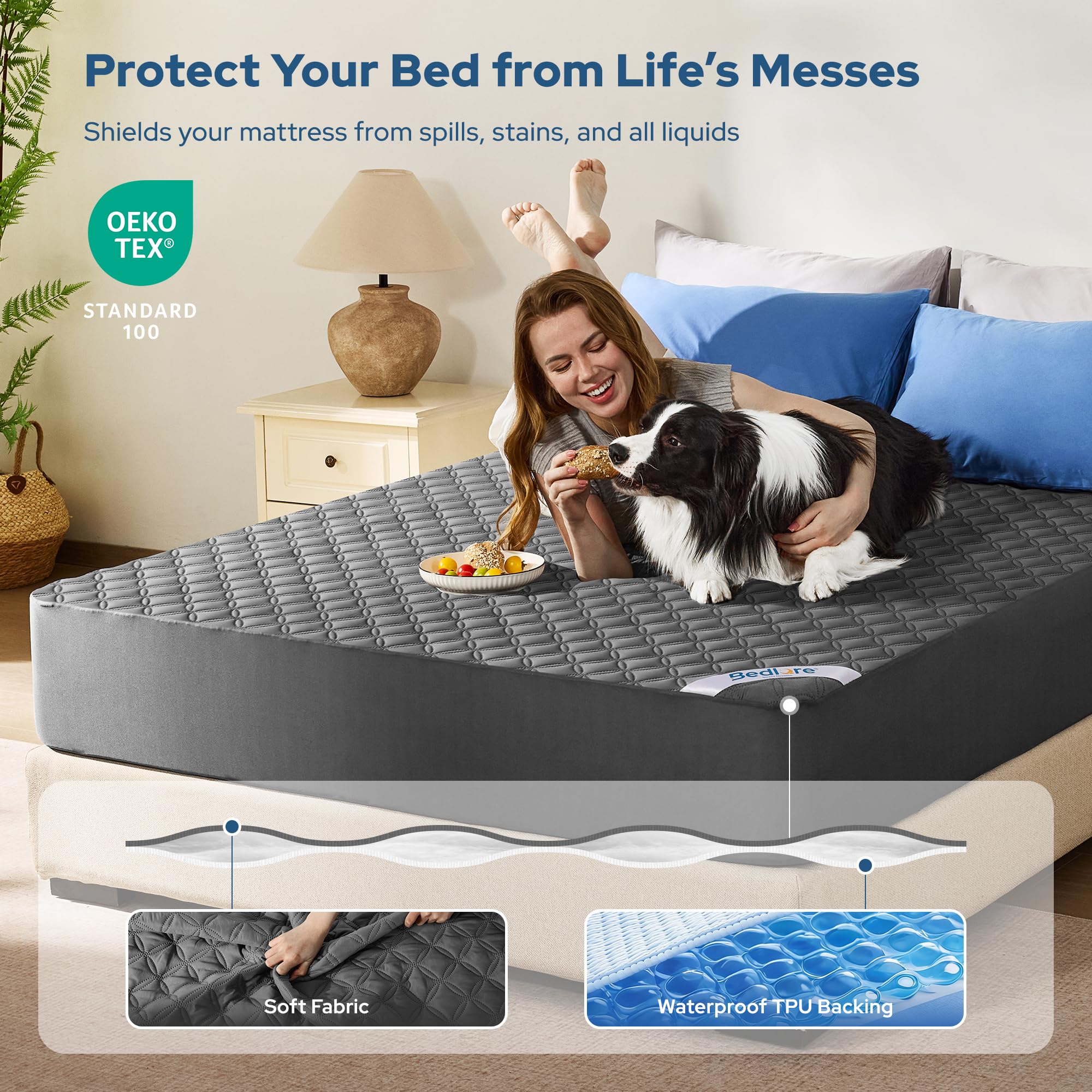 Waterproof Mattress Protector, Noiseless Queen Size Mattress Pad with Deep Pocket Fitted Up to 6