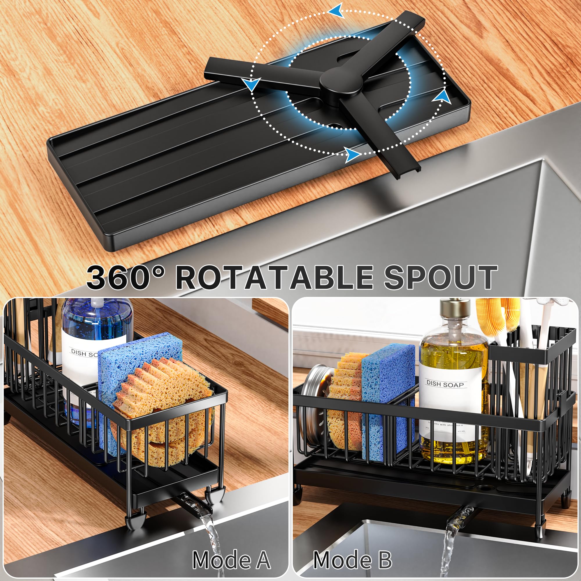 Cisily Sponge Holder for Kitchen Sink, Sink Caddy with High Brush Holder, Organzier Rustproof 304 Stainless Steel Dish Organizer Divider, Soap Dispenser Storage (Black) 🍁 All In One Marketplace Canada