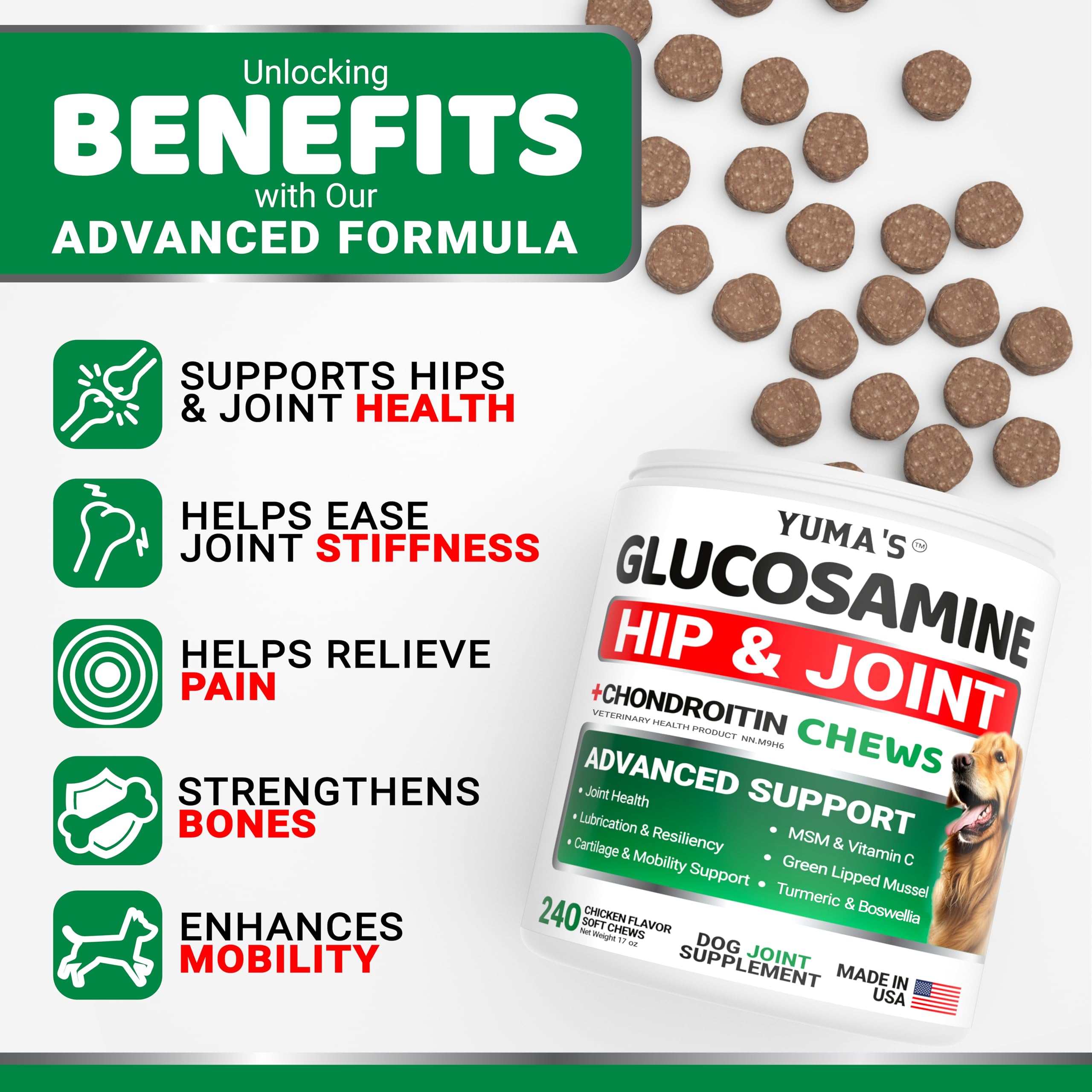 Glucosamine for Dogs - 240 Chews - Hip and Joint Supplement for Dogs with Chondroitin, MSM & Turmeric - Joint Pain Relief for Senior Dogs - All Breeds - Mobility Support - Value Pack - Made in USA 🍁 All In One Marketplace Canada
