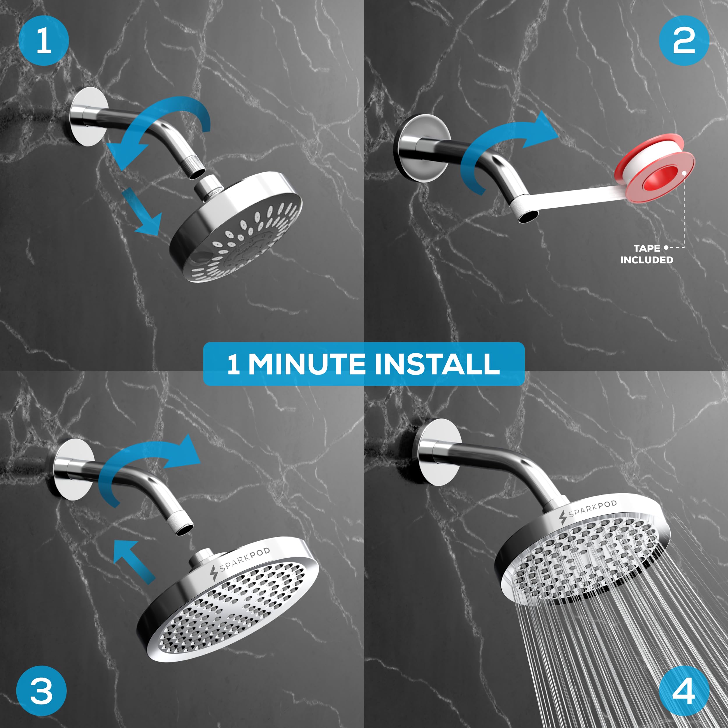 SparkPod Shower Head - High Pressure Rain - Premium Quality Luxury Design - 1-Min Install - Easy Clean Adjustable Replacement for Your Bathroom Shower Heads (Luxury Polished Chrome, 6 Inch Round) 🍁 All In One Marketplace Canada