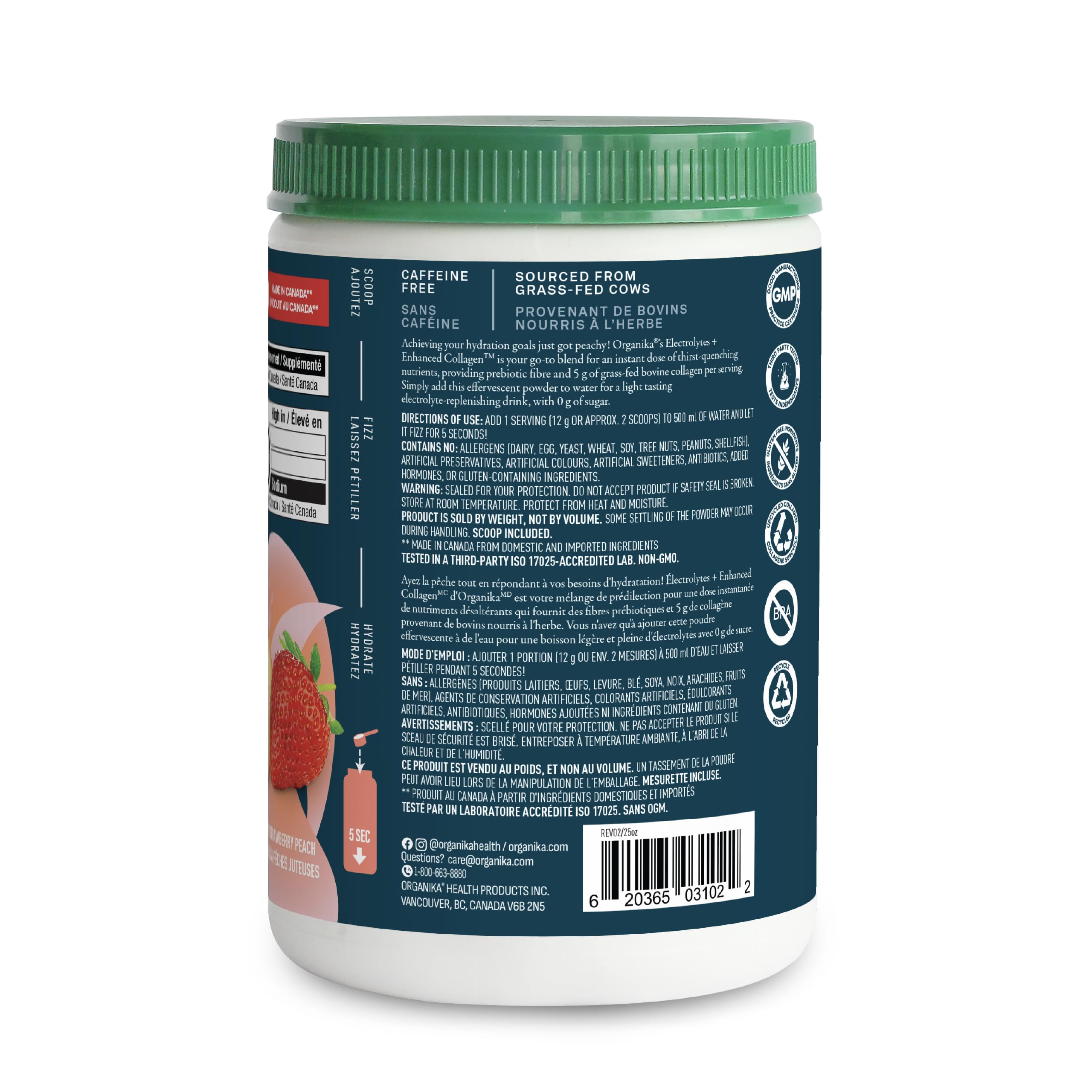 Organika Canadian-Made Electrolytes + Enhanced Collagen - Strawberry Peach Flavour - Sugar-Free Hydration | 5g Protein + 100% of Daily Vitamin C - 360g, 30 Servings 🍁 All In One Marketplace Canada