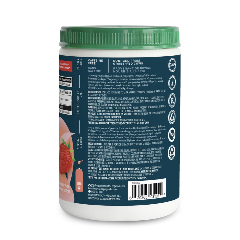 Organika Canadian-Made Electrolytes + Enhanced Collagen - Strawberry Peach Flavour - Sugar-Free Hydration | 5g Protein + 100% of Daily Vitamin C - 360g, 30 Servings 🍁 All In One Marketplace Canada