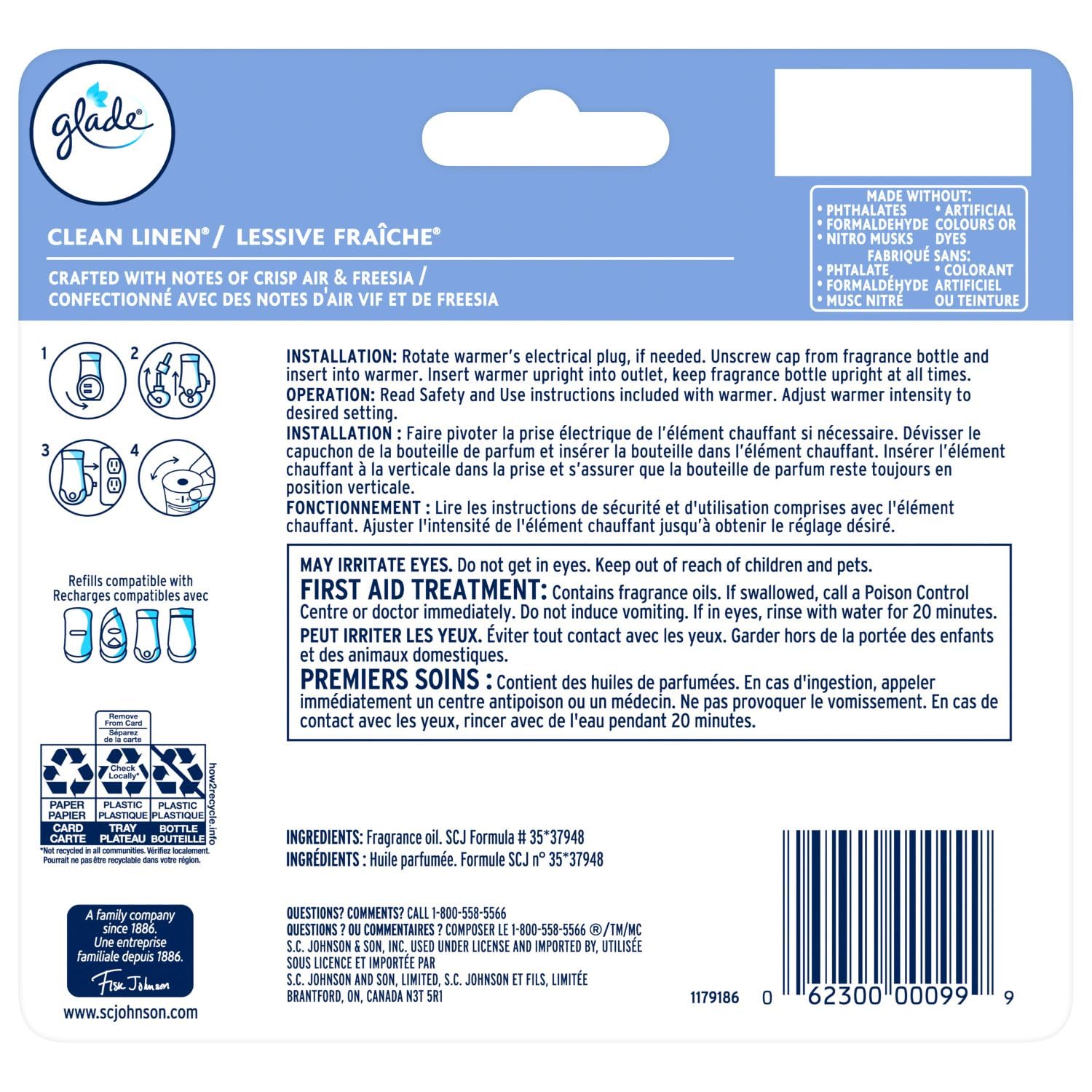 Glade PlugIns Air Freshener Oil Refill, Scented and Essential Oils for Home and Bathroom, Clean Linen, 5 Refills 🍁 All In One Marketplace Canada