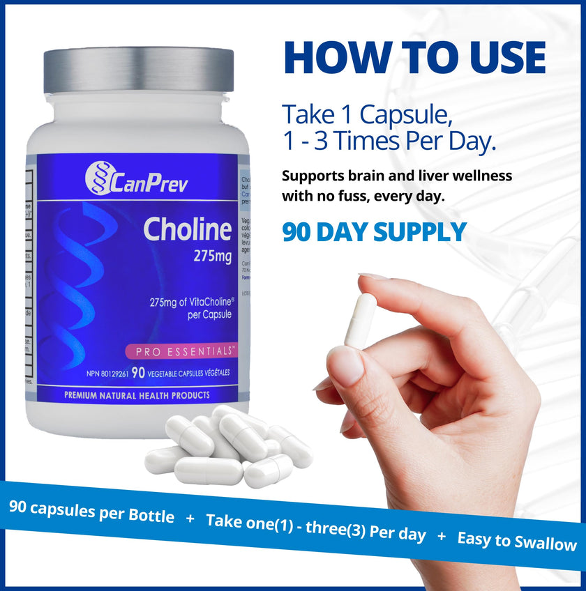 CanPrev Choline 275mg 90 Veggie Capsules, 90-Day Supply, VitaCholine for Cognitive Function, Memory & Focus, Vegan, Non-GMO, Gluten & Soy-Free, Supports Pregnancy, Liver & Heart Health, Made in Canada 🍁 All In One Marketplace Canada