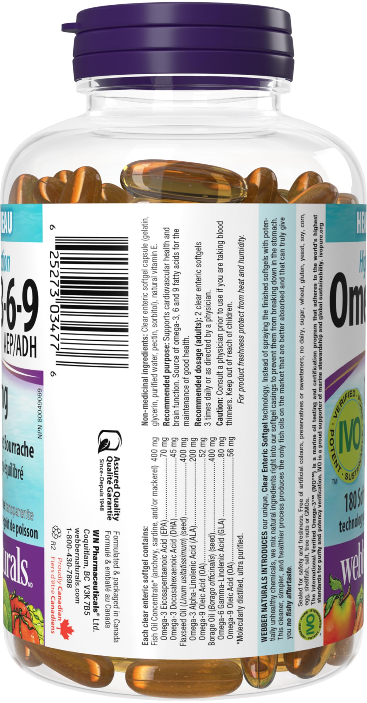 Webber Naturals Omega 3-6-9 1,200 mg Fish Oil, 180 Clear Enteric No Fishy Aftertaste Softgels, Supports Cardiovascular Health and Brain Function 🍁 All In One Marketplace Canada