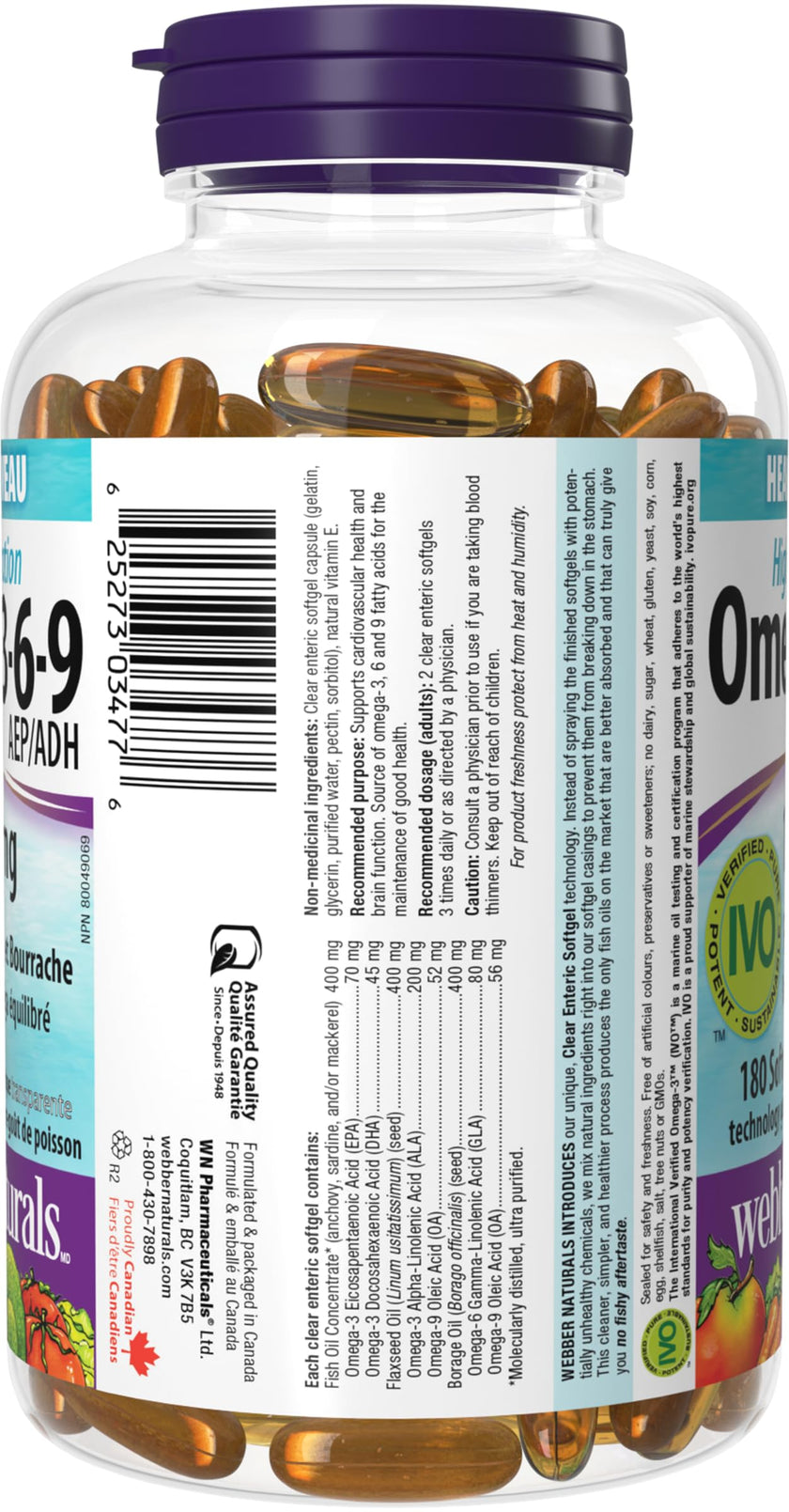 Webber Naturals Omega 3-6-9 1,200 mg Fish Oil, 180 Clear Enteric No Fishy Aftertaste Softgels, Supports Cardiovascular Health and Brain Function 🍁 All In One Marketplace Canada