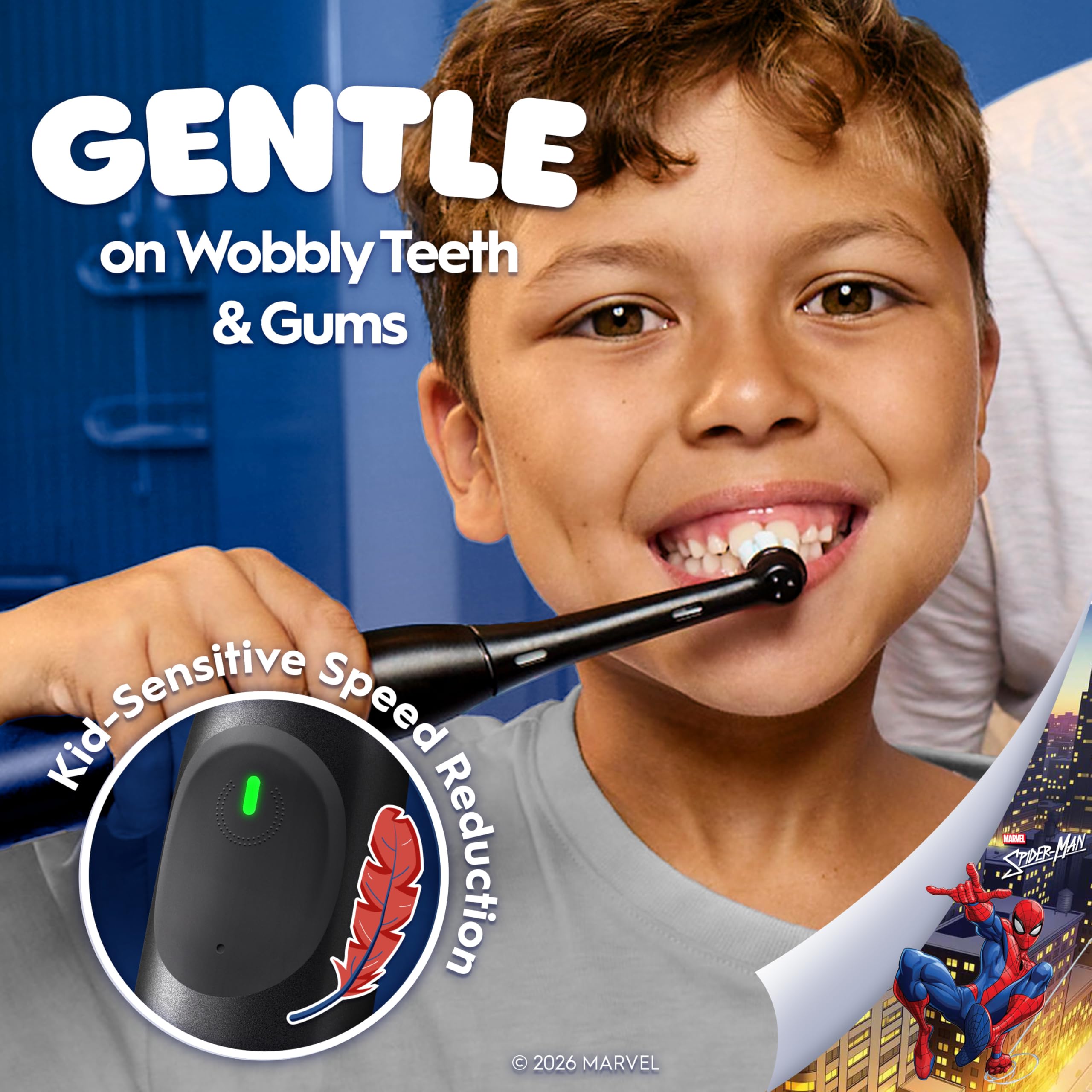 Oral-B iO Kids Limited Rechargeable Electric Powered Toothbrush, Spiderman with 1 Gentle Care Brush Head - Automatic Pressure Sensor to Protect Gums - 3 Cleaning Settings - 2 Min Music Timer - Travel Case - 28 Day Battery Life