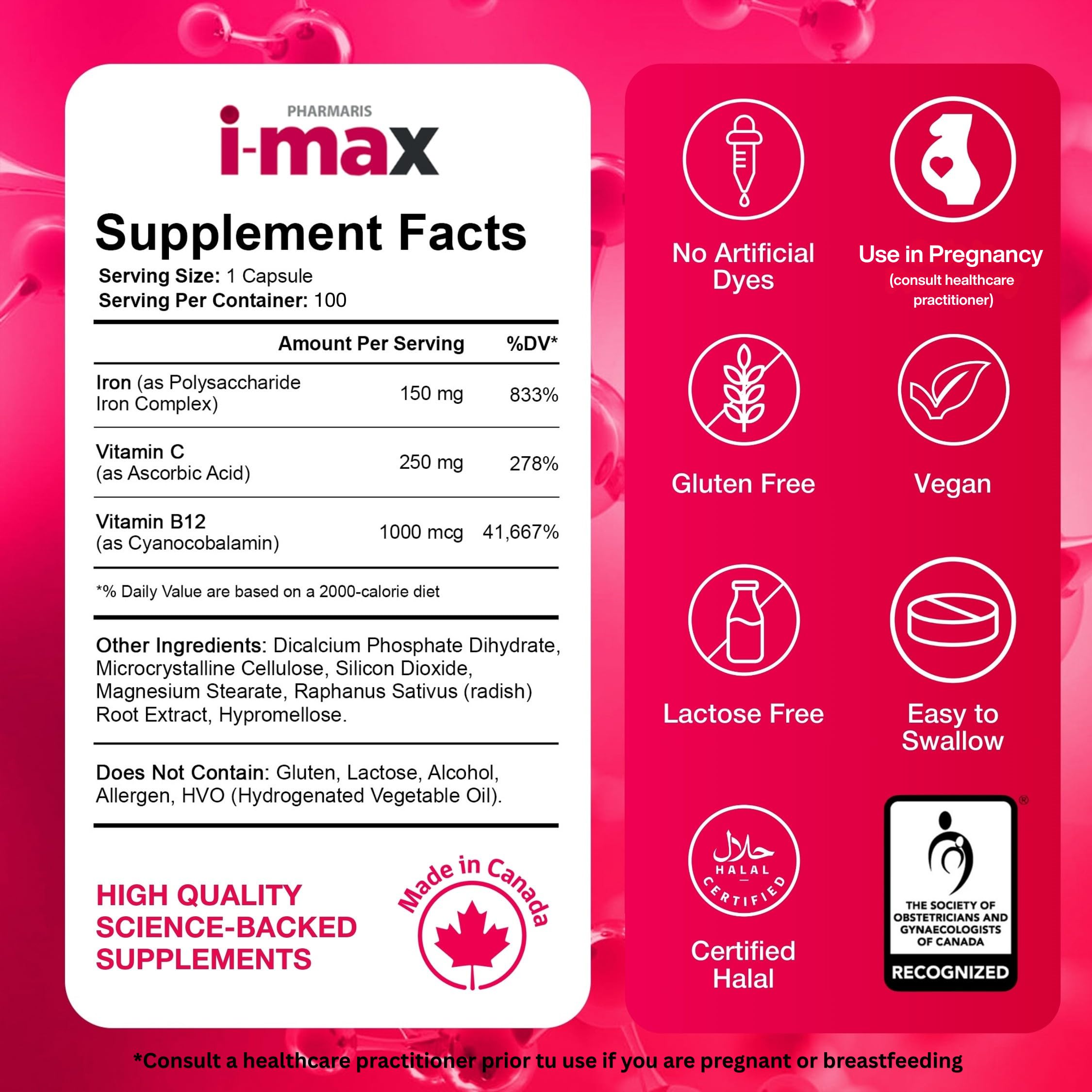 Pharmaris i-max Polysaccharide Iron Complex, 150 mg Elemental Iron Supplement for Treatment and Prevention of Iron Deficiency Anemia, 250 mg Vitamin C, 1000 mcg Vitamin B12, No Artificial Dyes, Vegan, 100 Capsules 🍁 All In One Marketplace Canada