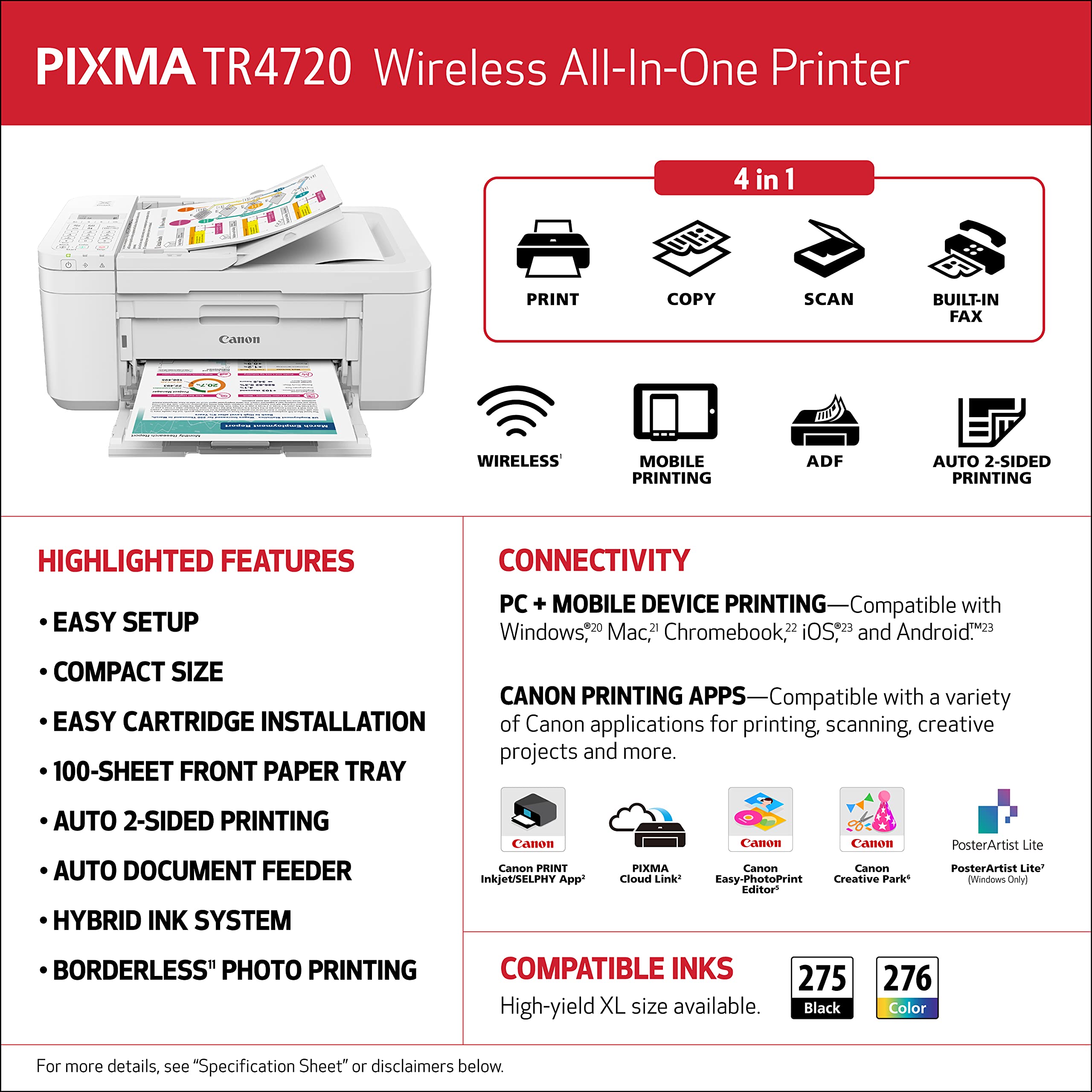 Canon PIXMA TR4720 All-in-One Wireless Printer Home use, with Auto Document Feeder, Mobile Printing and Built-in Fax, White 🍁 All In One Marketplace Canada