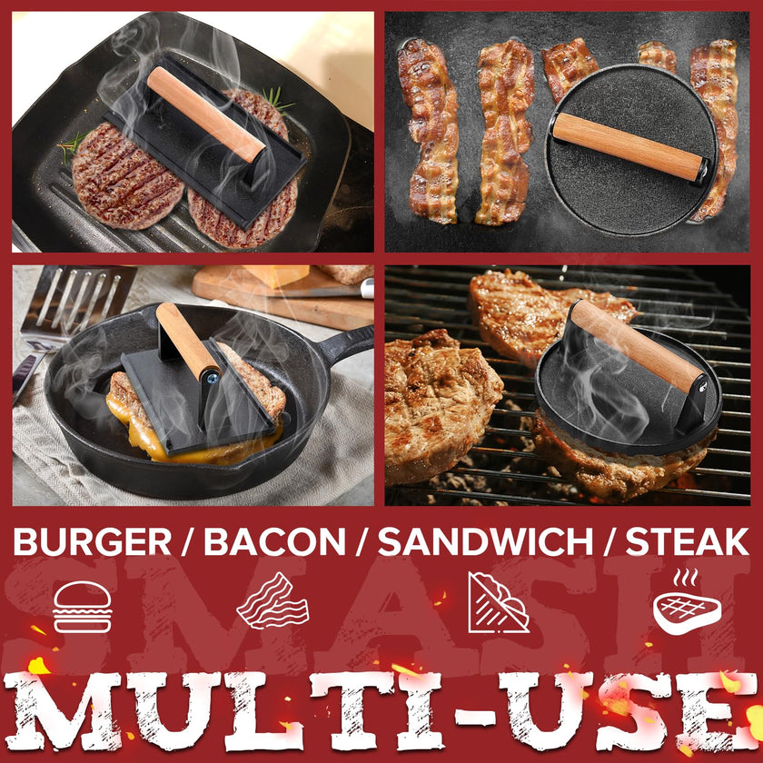 Grilliance 5pcs Smash Burger Press Kit, 3 in 1 Hamburger Press Patty Maker, Cast Iron Burger Press Round & Rectangle, 100pcs Wax Paper for Grill, Griddle, Flat top, Kitchen, Cooking 🍁 All In One Marketplace Canada