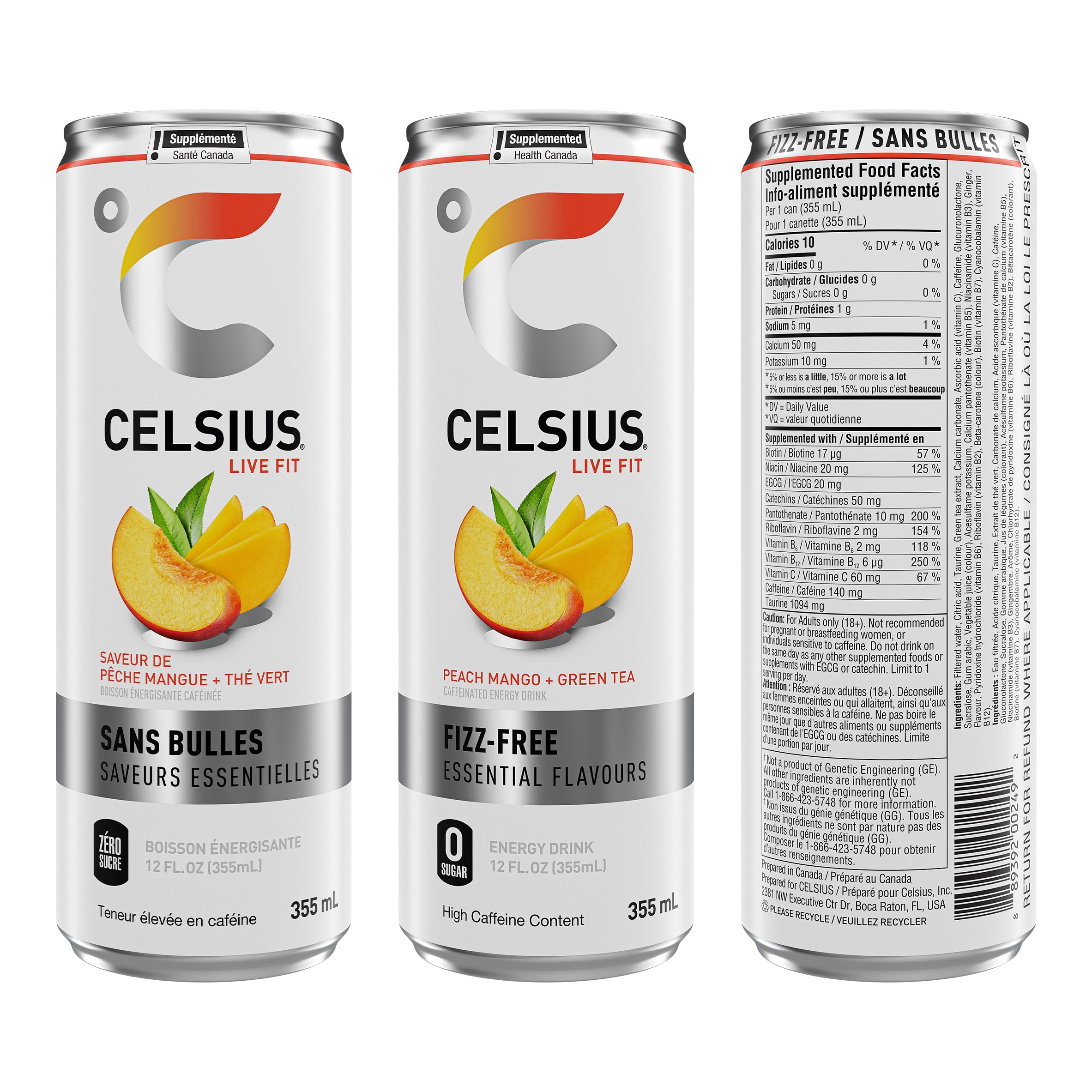 CELSIUS Fizz Free Peach Mango, Zero Sugar Energy Drink, 335ml Cans (Pack of 12) 🍁 All In One Marketplace Canada