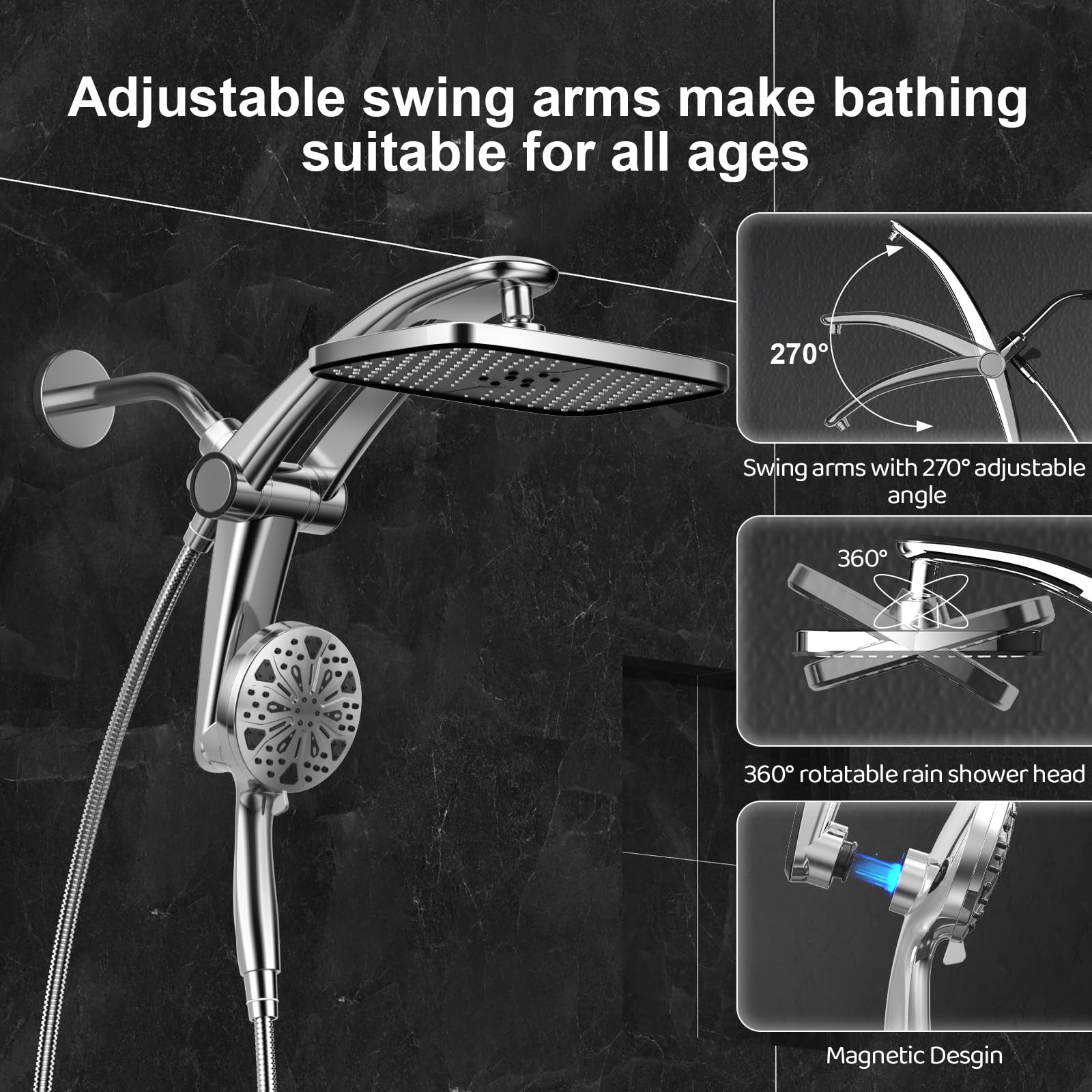 Rain Shower Head with Handheld High Pressure Rainfall Shower Heads with Handheld Spray Combo Adjustable one-piece Stand daul Shower Head Built-in Magnetic Docking and Power Jets（Sliver） 🍁 All In One Marketplace Canada