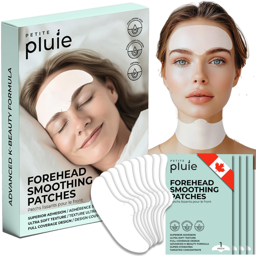 Petite Pluie Overnight Use Advanced Canadian Forehead Smoothing Patches - Premium Hydrogel Non-Sticky Hydration Collagen Face Mask - Superior Adhesion with Extra Large Size for Necklines & Frown Lines Treatment, Made in Korea, 10 Count