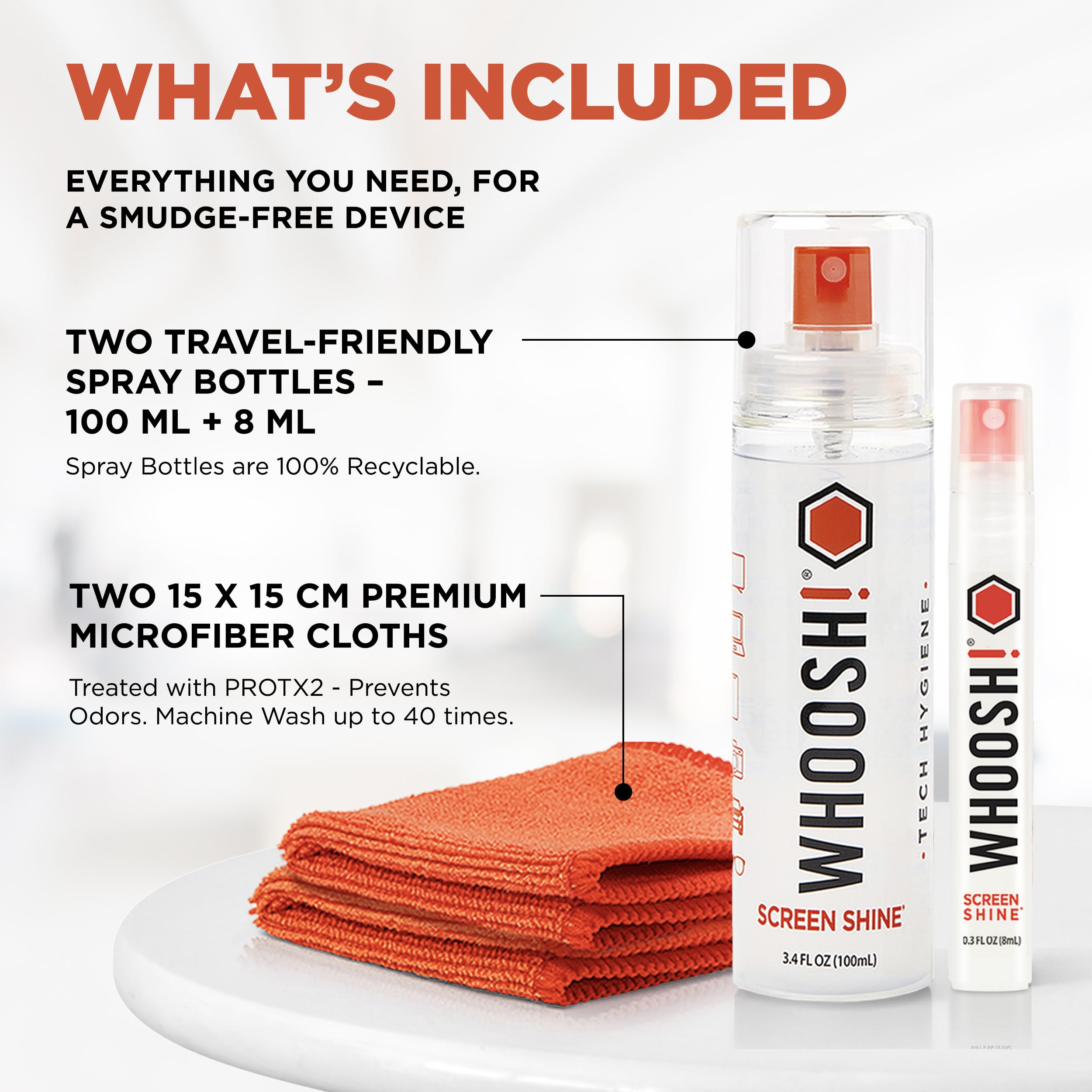 WHOOSH! Screen Shine Duo – Safe & Streak Free Electronics Cleaner for TV, OLED, MacBook, Laptop, Monitor and Car – Eyeglass Cleaner with 100ml + 8ml Bottles and 2 Microfiber Cloths 15x15 cm 🍁 All In One Marketplace Canada