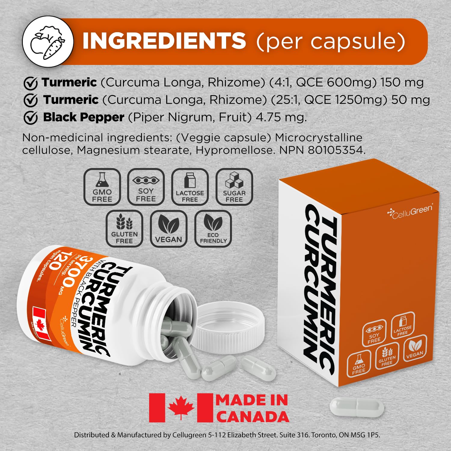 CelluGreen Turmeric Curcumin 3,700mg with Black Pepper Extract — 95% Curcuminoids for Joint Pain Relief & Anti-Inflammatory Support | Curcuma Longa | Non-GMO, Gluten-Free, Made in Canada | 120 Capsules 🍁 All In One Marketplace Canada