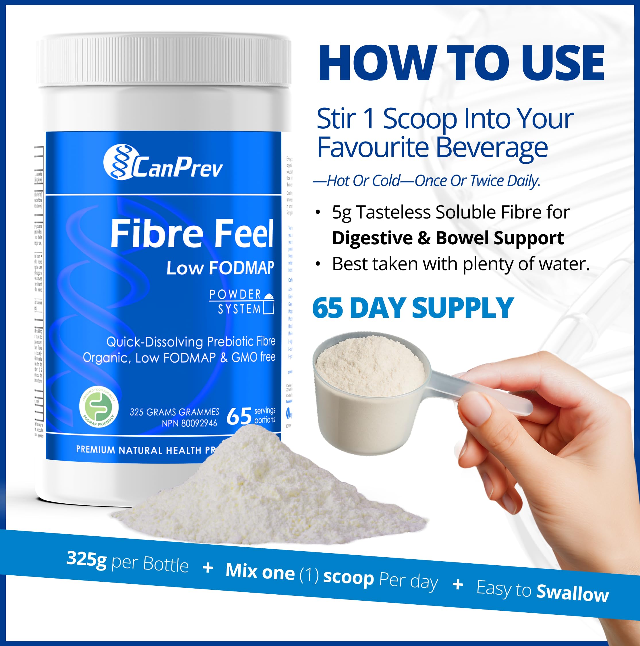 CanPrev Organic Fibre Feel Powder 325g, 65 Servings, Unflavoured & Easy to Mix, Promotes Digestive Wellness & Regularity, Quick-Dissolving & Gentle, Natural Ingredients, Perfect for Smoothies & Shakes 🍁 All In One Marketplace Canada