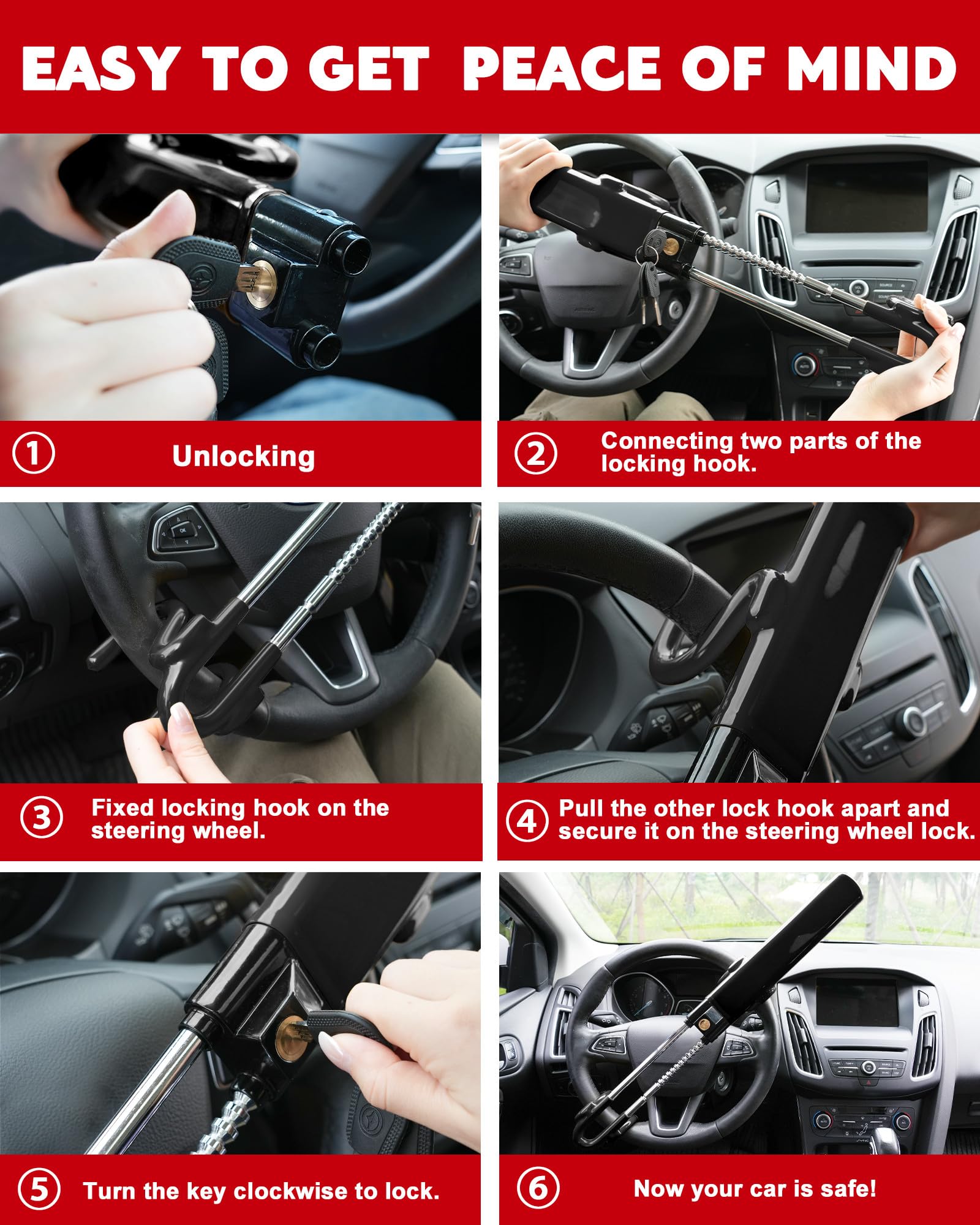 Tevlaphee Steering Wheel Lock Anti-Theft Car Device Heavy Duty Security Car Lock Antitheft Locking Devices Great Deterrent Adjustable Car Wheel Lock Anti Theft for Vehicle Truck with 3 Keys(Black) 🍁 All In One Marketplace Canada