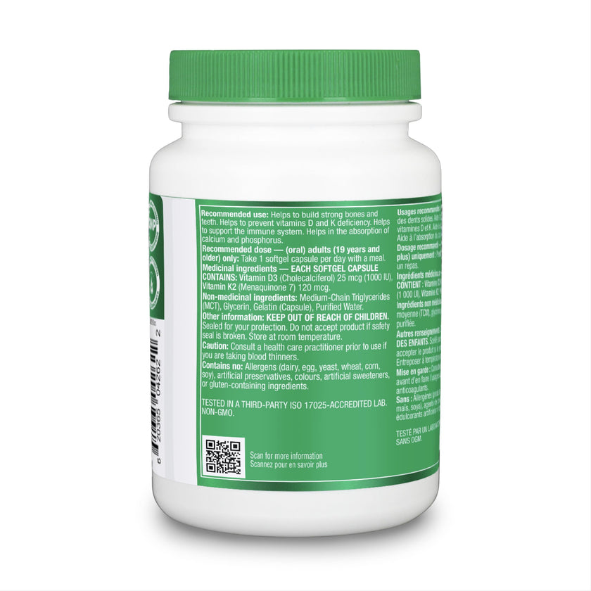 Organika Vitamin D3 + K2 (MK7)- 1000IU D3 and 120mcg K2 per capsule- High Potency, Supports Healthy Immune Function and Bones + Teeth- 300sftgl 🍁 All In One Marketplace Canada