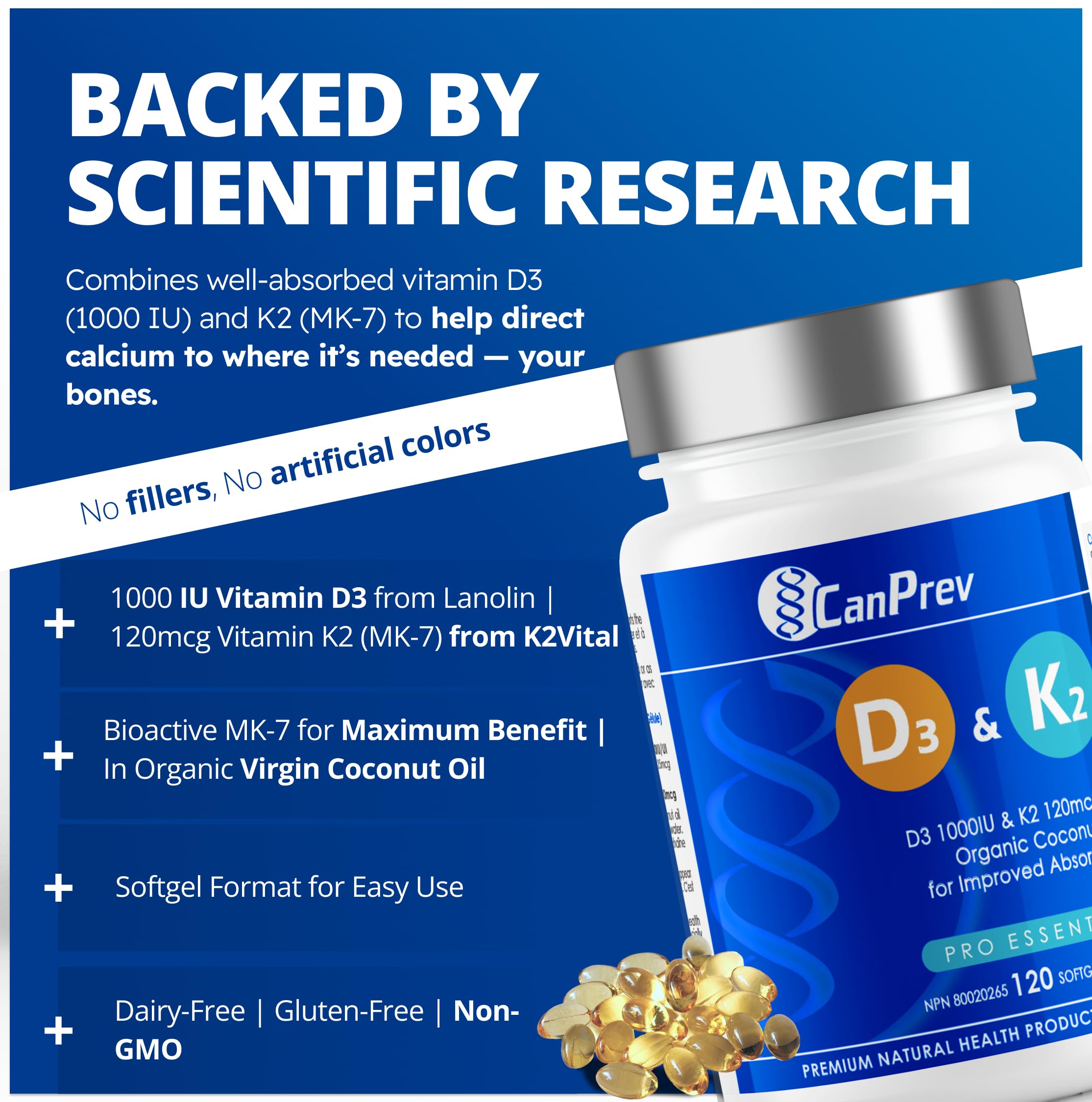 CanPrev D3 & K2 Vitamins 120 Softgels, 120-Day Supply, 1000IU Vitamin D3 & 120mcg K2, Supports Strong Bones, Teeth & Heart Wellness, Easy-to-Absorb with Organic Coconut Oil, No GMO, Gluten, Soy, Dairy 🍁 All In One Marketplace Canada