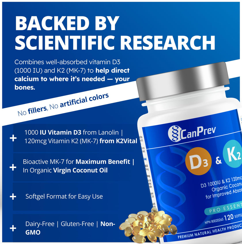 CanPrev D3 & K2 Vitamins 120 Softgels, 120-Day Supply, 1000IU Vitamin D3 & 120mcg K2, Supports Strong Bones, Teeth & Heart Wellness, Easy-to-Absorb with Organic Coconut Oil, No GMO, Gluten, Soy, Dairy 🍁 All In One Marketplace Canada