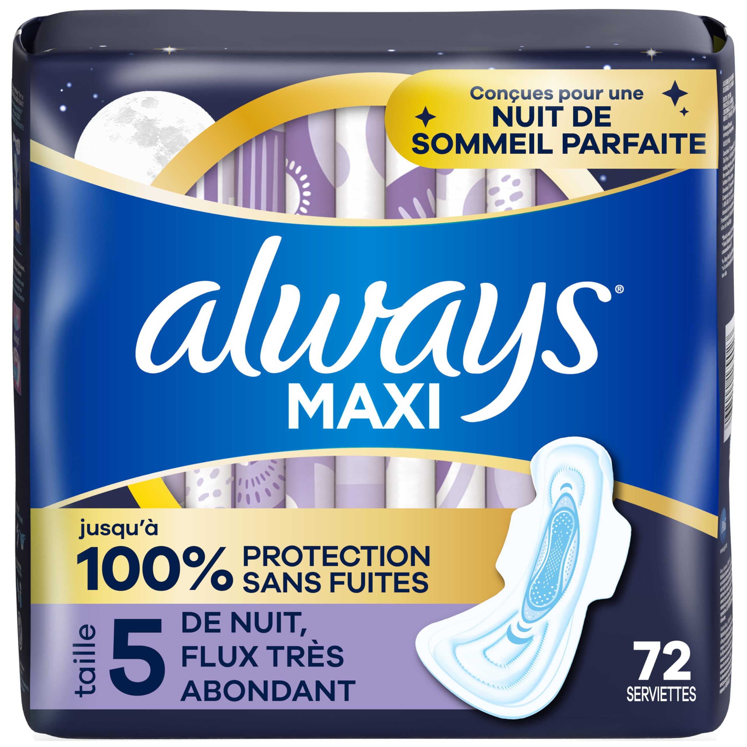 ALWAYS MAXI OVERNIGHT PADS WITH WINGS, SIZE 5, EXTRA HEAVY OVERNIGHT, UNSCENTED, 72 COUNT TOTAL (PACK OF 3) 🍁 All In One Marketplace Canada