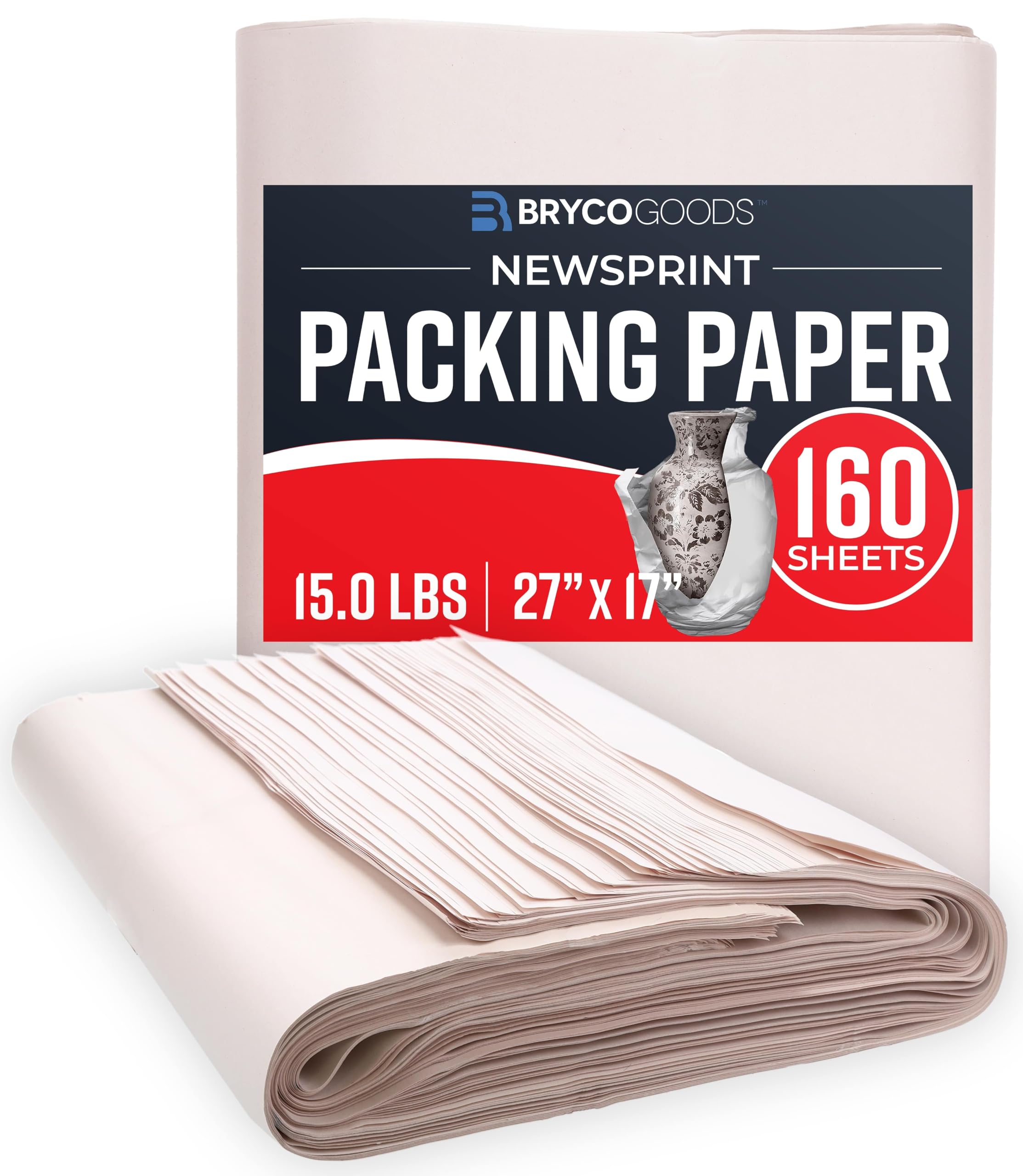 Bryco Goods Newsprint Packing Paper Sheets for Moving - 5lb - 160 Sheets - Moving & Shipping Supplies - 27