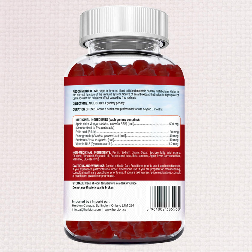 Herbion Naturals Apple Cider Vinegar Gummy with Folic Acid, Pomegranate, Beetroot & vitamin B12, source of Antioxidants to maintain Good Health & Metabolism, 60 Pectin Gummies for Adults, Apple Flavour 🍁 All In One Marketplace Canada
