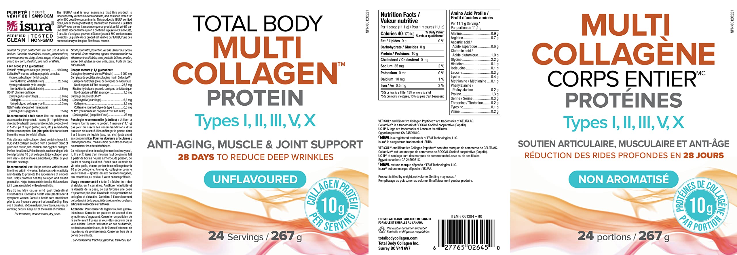 Natural Factors Total Body Multi Collagen Protein, 267g, Unflavoured, 10g of Hydrolyzed Collagen per Scoop, 24 Servings, Combines 5 Types of Collagen, Anti-Aging, Muscle & Joint Support, 28 Days to Reduce Wrinkles, Keto & Paleo Friendly, Proudly Canadian