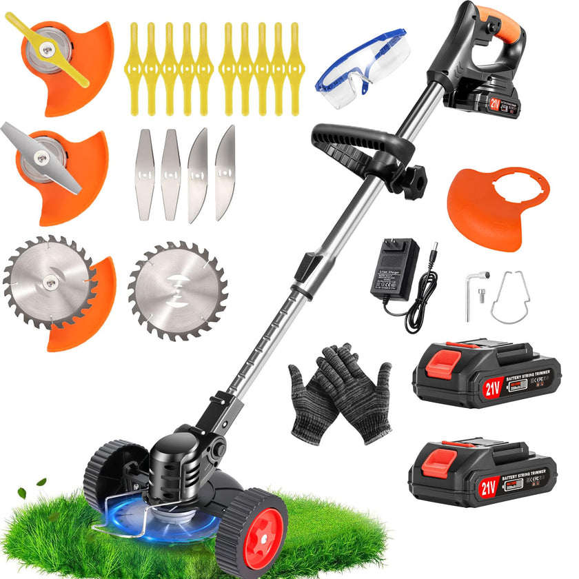 21V Cordless Weed Wacker for Thick Weeds, Lawn & Yard, 3-in-1 String Trimmer/Edger/Brush Cutter with 2 Batteries, 4 Blades & Wheels, 90° Pivot Head, Adjustable Height, Lightweight Easy for Homeowners 🍁 All In One Marketplace Canada