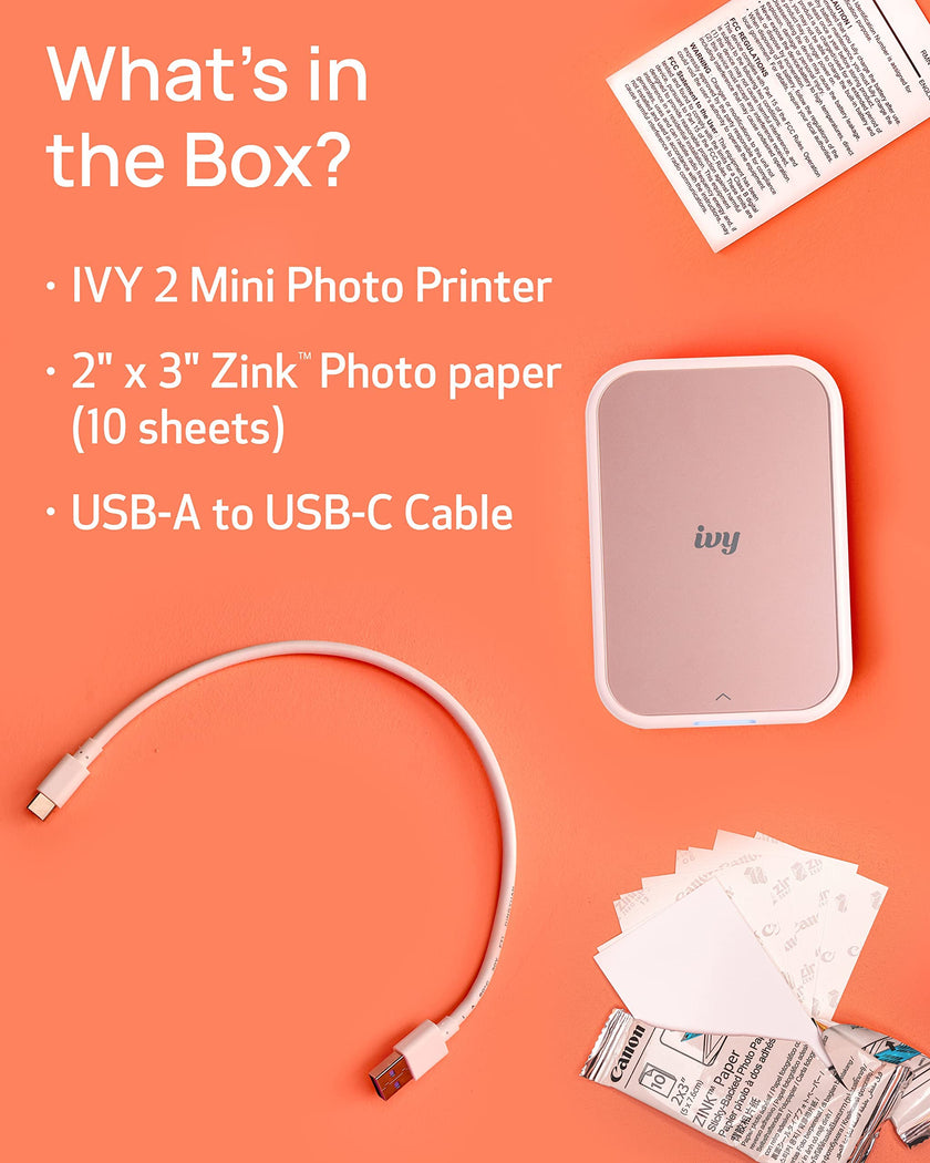 Canon Ivy 2 Mini Photo Printer (Blush Pink), Bluetooth Portable Smartphone Printer for iOS & Android, Bundle with 110 Zink Sticky-Back Photo Prints, LED Light Bar, Protective Case & USB Cable 🍁 All In One Marketplace Canada